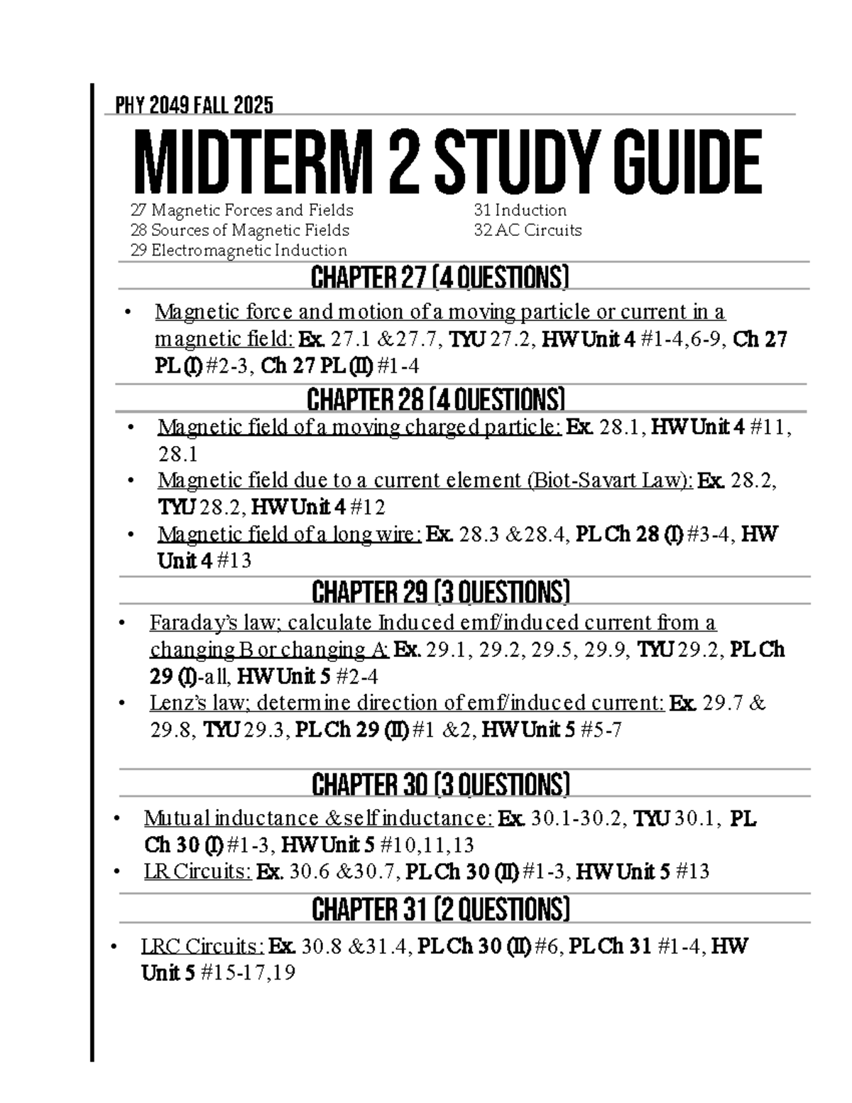 PHY 2049 Fall 2025 Midterm 2 Study Guide: Magnetic Forces & Induction ...