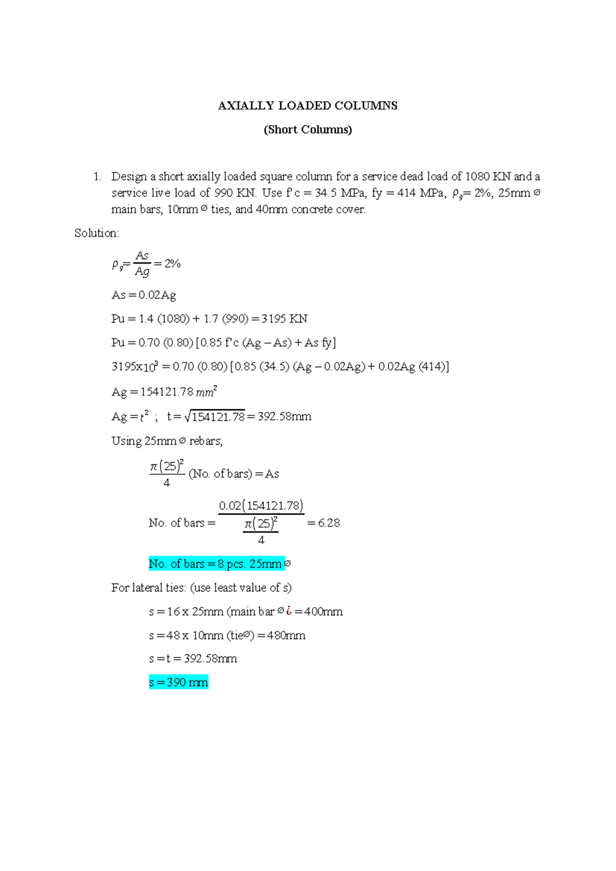 Axially Loaded Columns Design Solutions (CIV-202) - Studocu