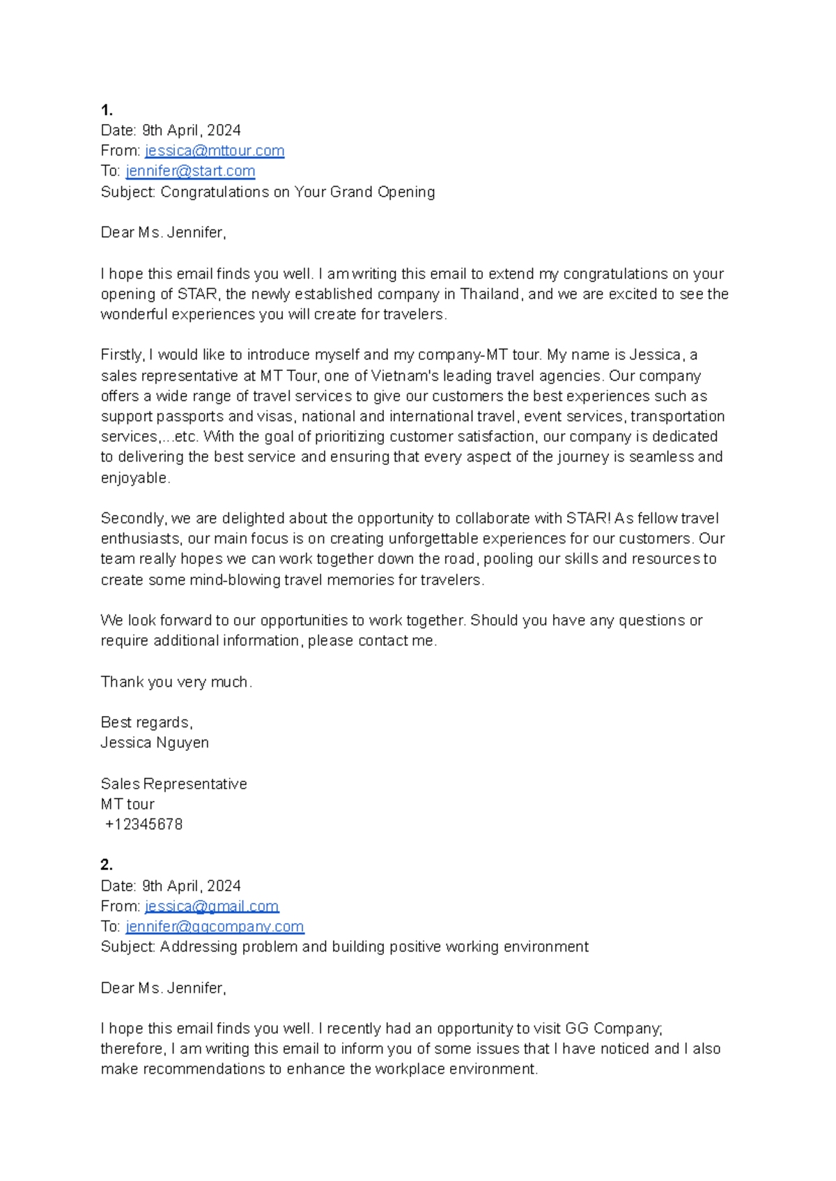 Sample Emails for Communication and Collaboration in Business - Studocu