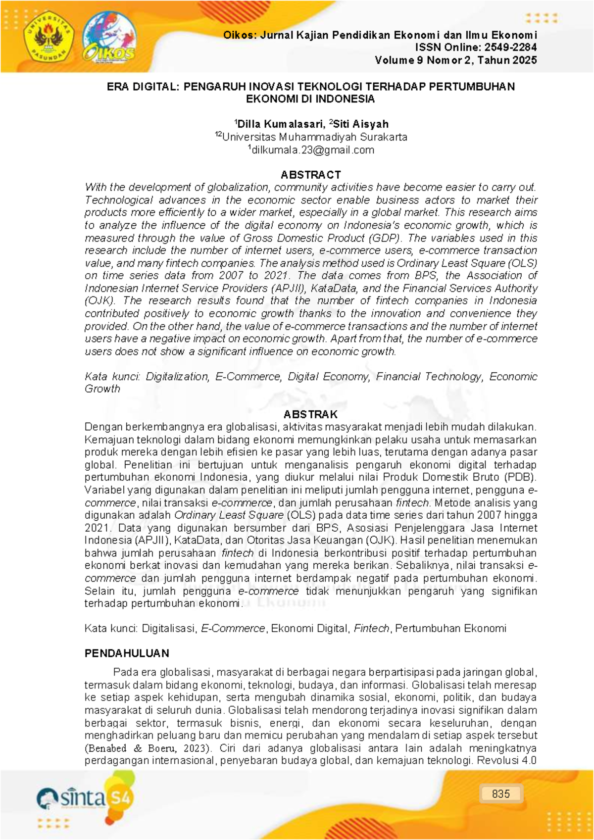 Oikos: Jurnal Kajian Pendidikan Ekonomi dan Ilmu Ekonomi Vol. 9 No. 2 ...