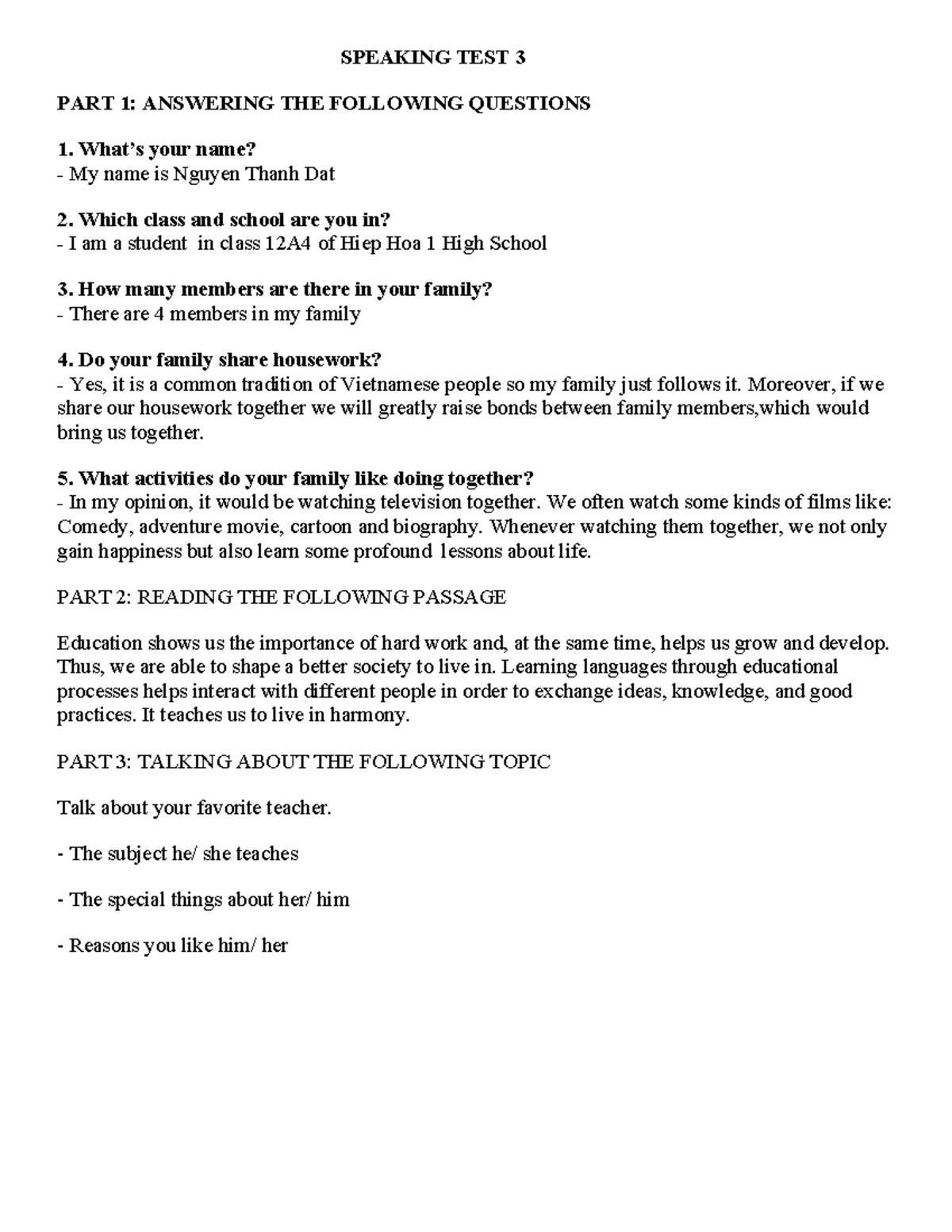 SPEAKING TEST 3: QUESTIONS & RESPONSES - 12A4 - Studocu
