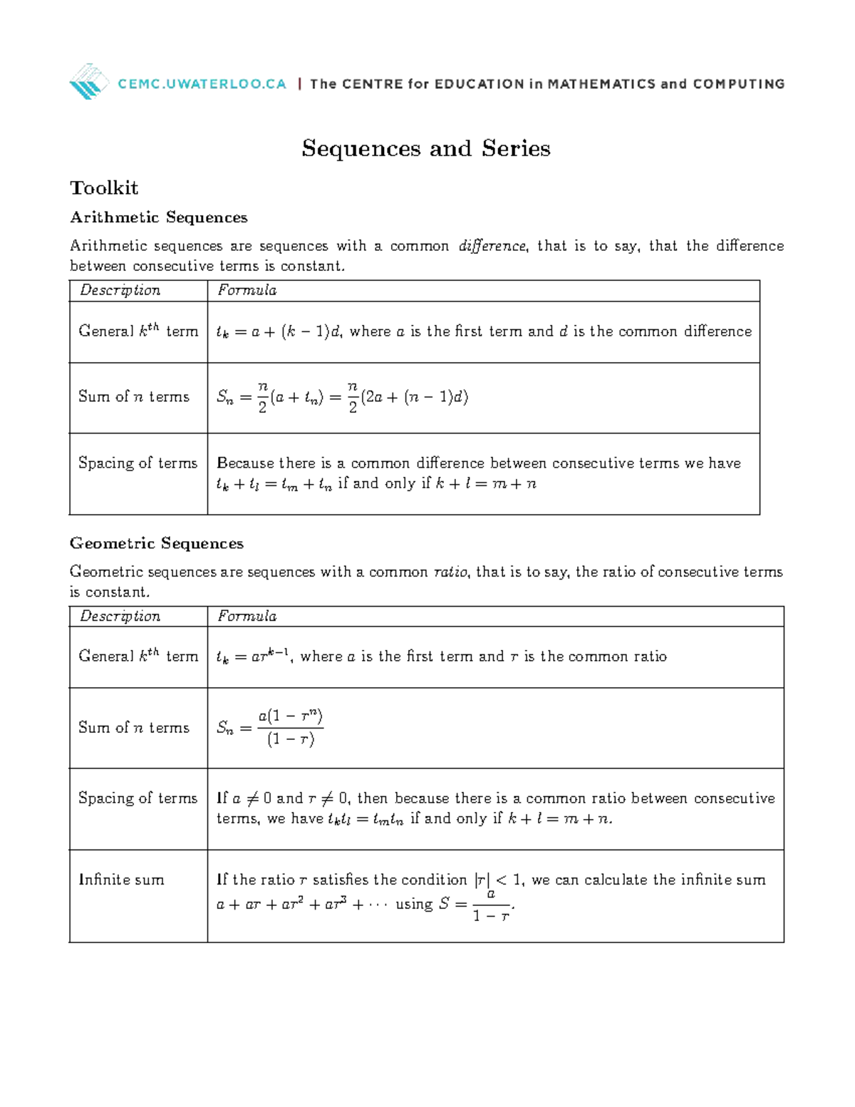 Sequences and Series Toolkit: Arithmetic & Geometric Sequences - Studocu