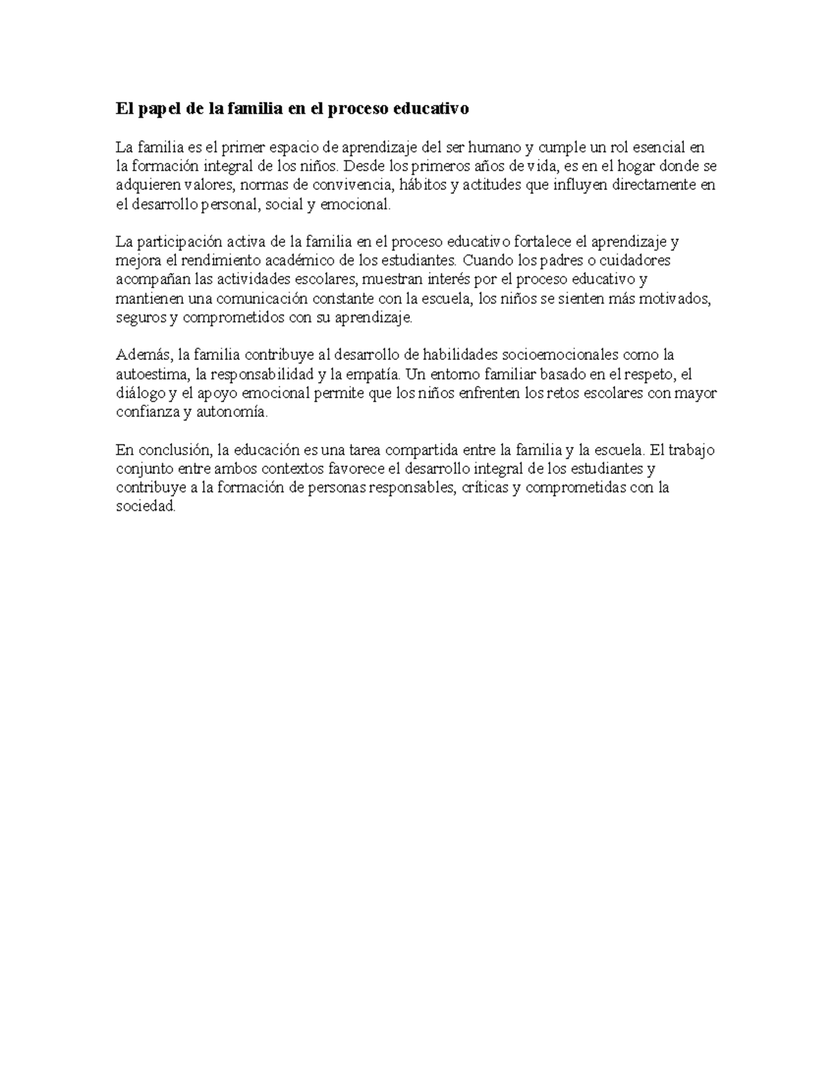 El papel de la familia en la educación integral de los niños - Studocu