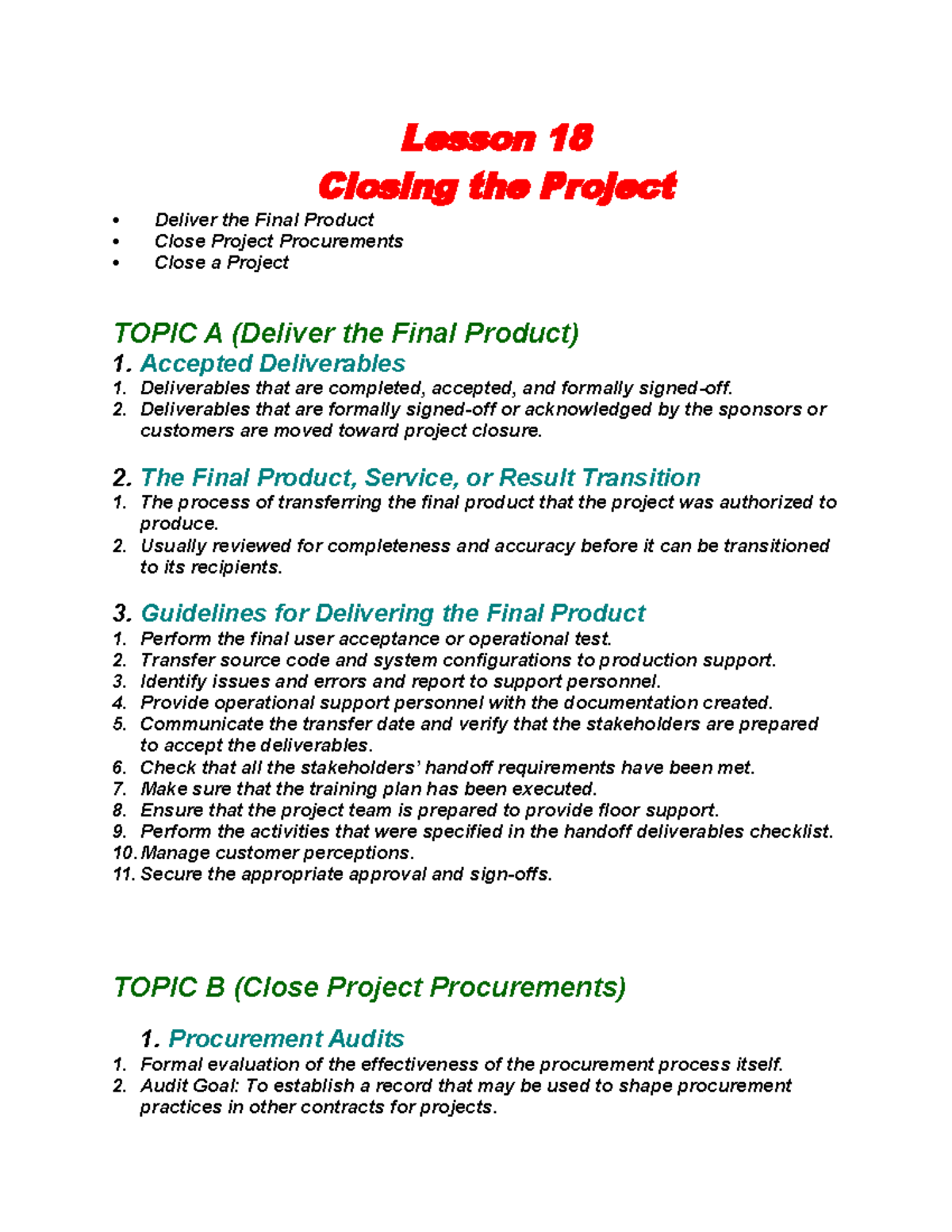 Lesson 18 (Closing the Project) - Lesson 18 Closing the Project ...