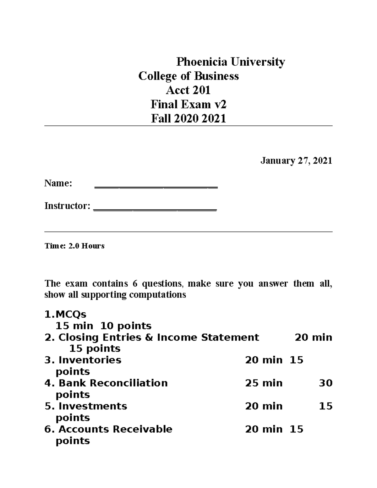 Acct 201 Final Exam Study Notes for Fall 2020-2021 - Studocu