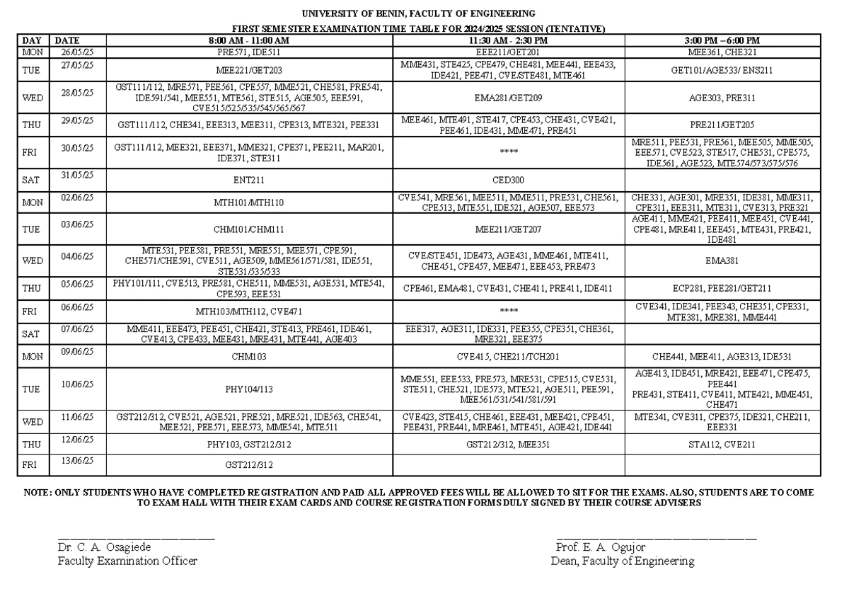 2024/2025 Final First Semester Exam Timetable for Engineering Courses ...