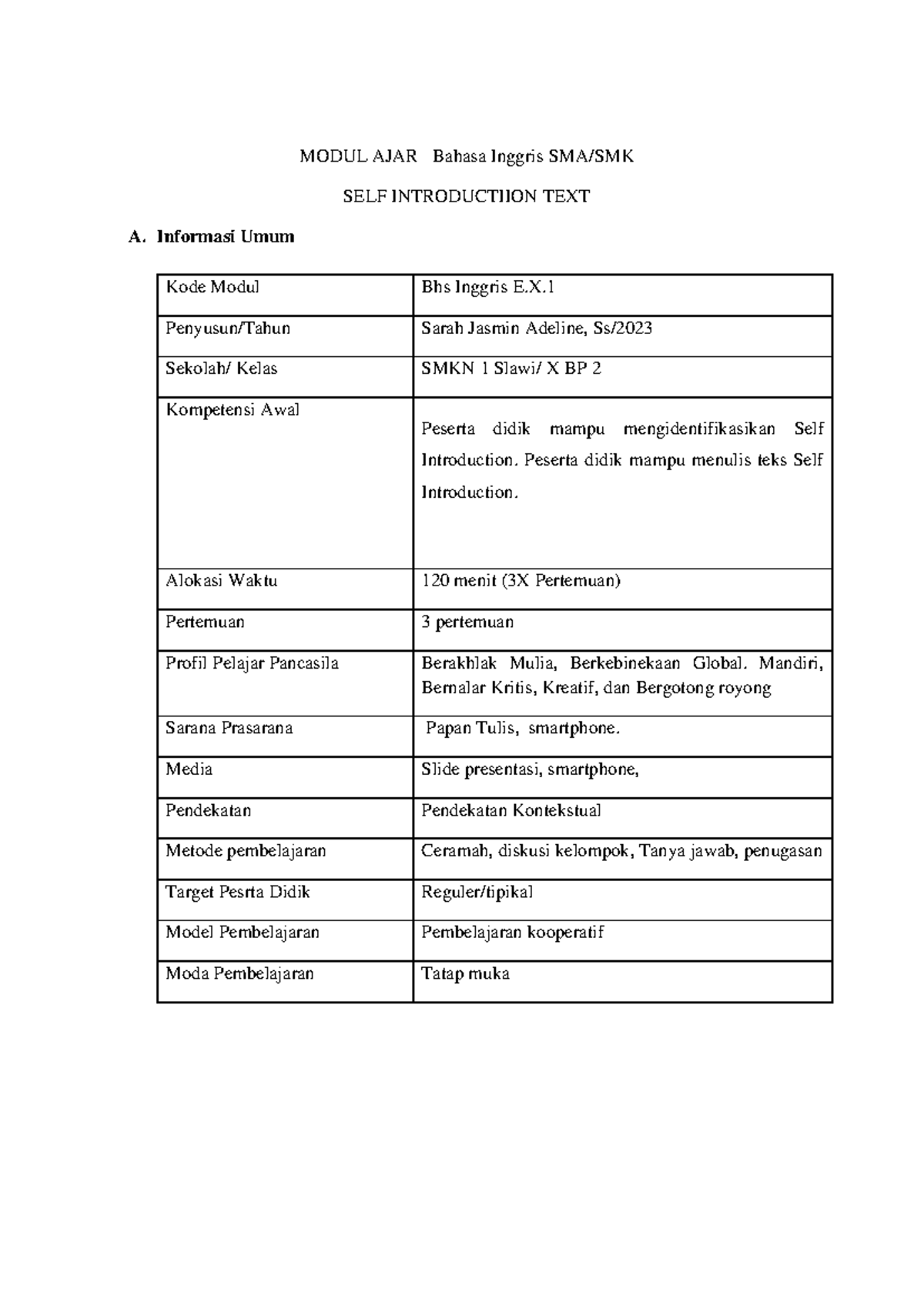 Modul AJAR Bhs Inggris SMA: Teks Self Introduction untuk Kelas X BP 2 ...