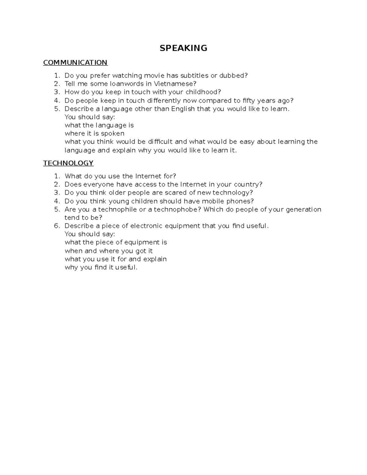 TA3 Speaking Practice: Communication and Technology Topics - Studocu