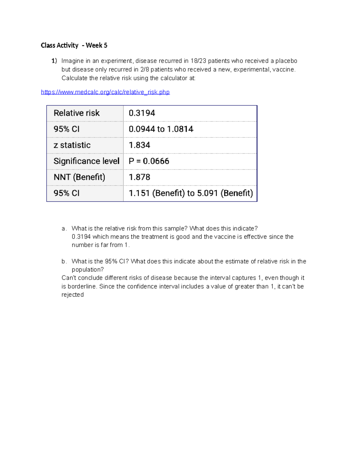 In-Class Activity 5: Analyzing Relative Risk and 95% CI Results - Studocu