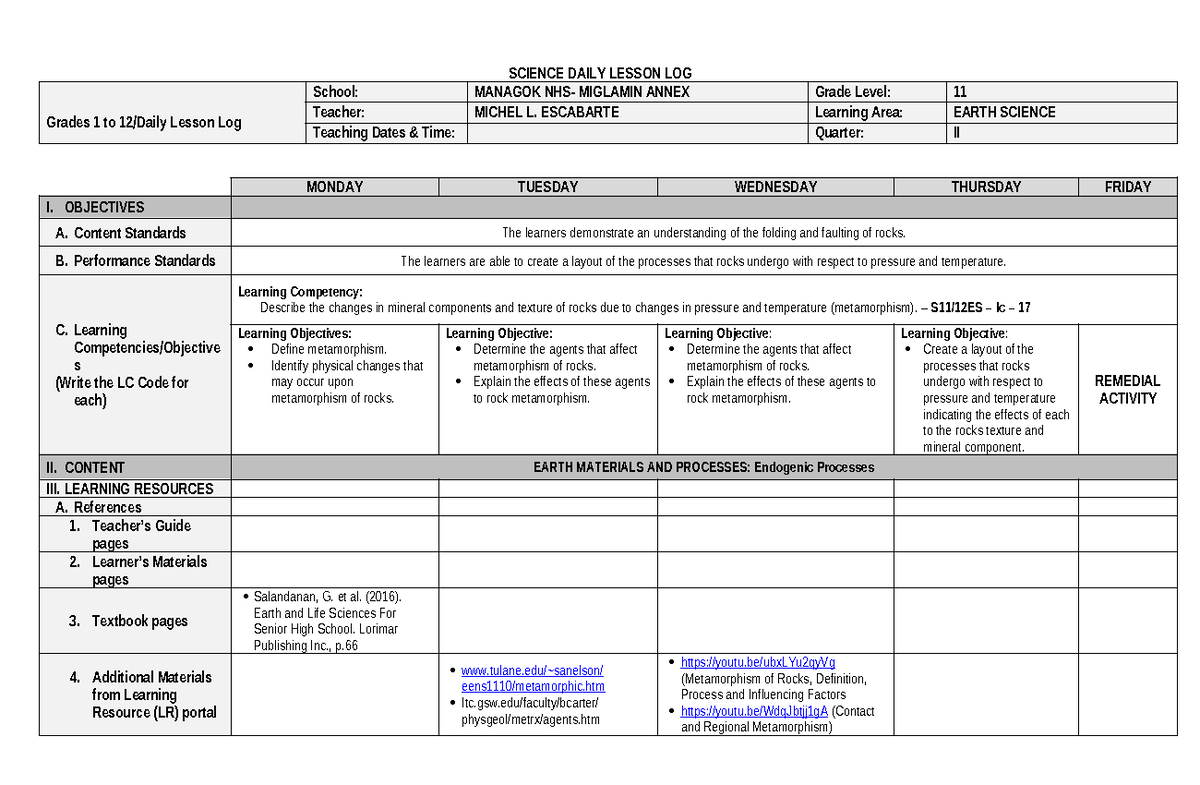 DLL LC17 - Detailed Lesson Plan in Earth Science 7 - Q4 - Studocu
