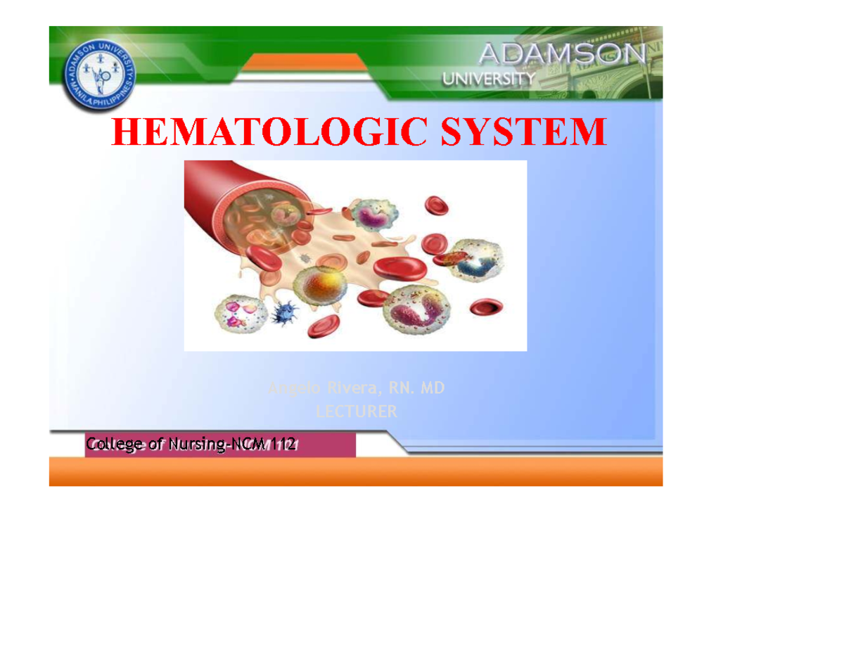 NCM 112 Lecture: Hematologic System Overview - Studocu