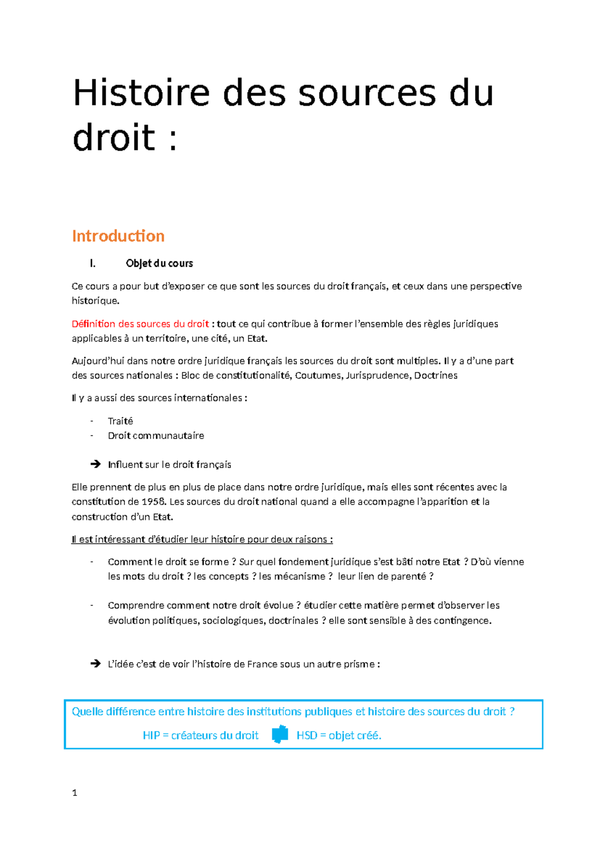 Histoire des sources du droit : Cours complet HSD 101 - Studocu