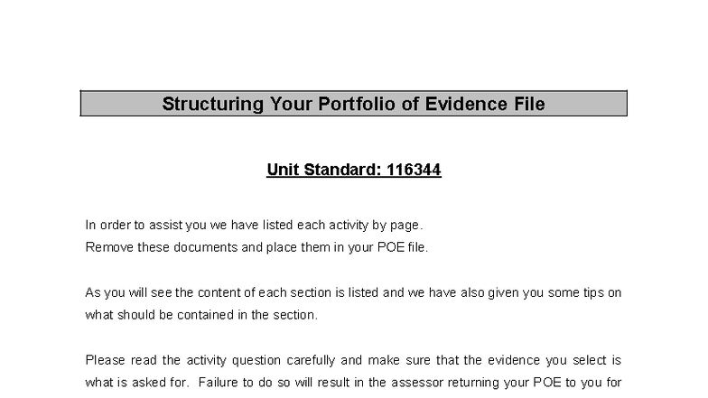 Structuring Your Portfolio of Evidence for Unit Standard 116344 - Studocu