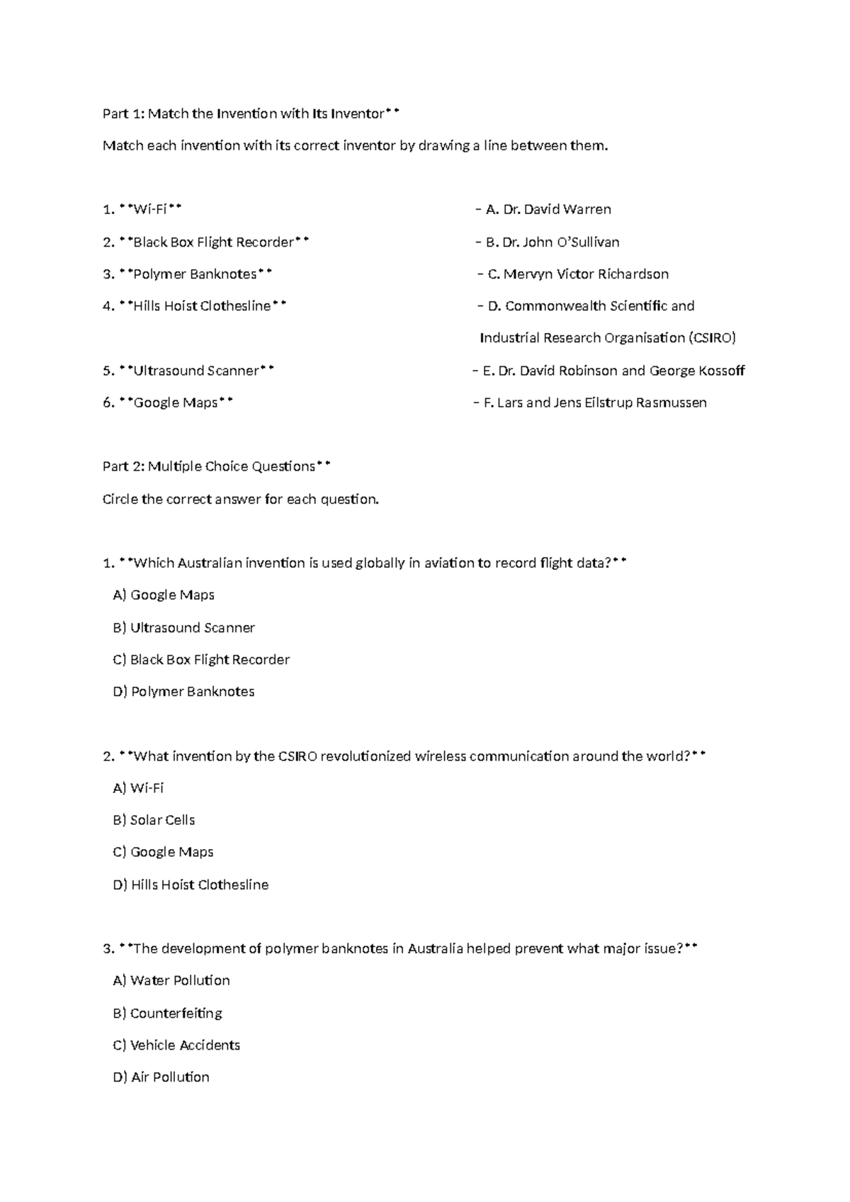 Australia Inventions Worksheet: Match, MCQs, & Short Answer Activities ...
