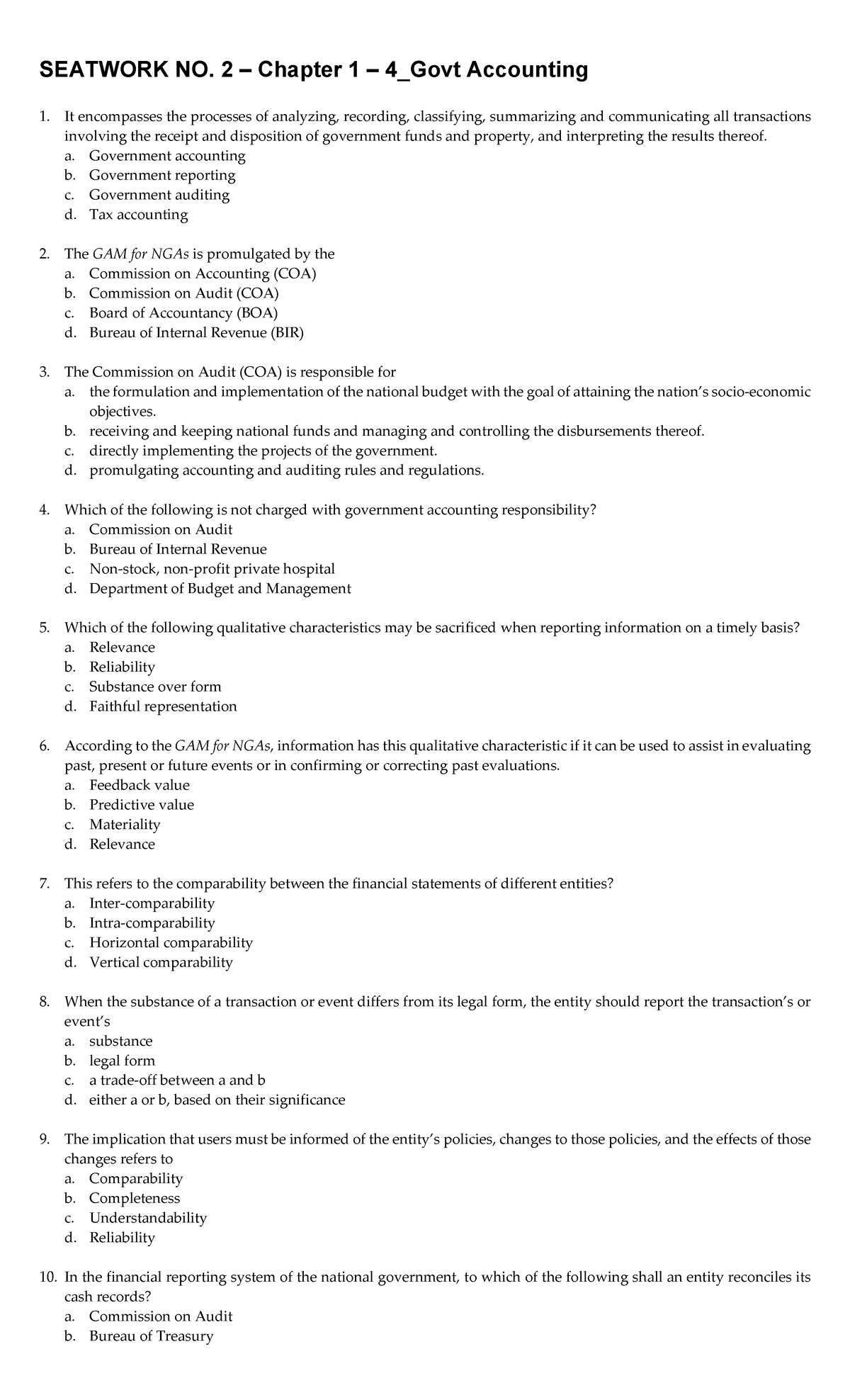 SEATWORK NO. 2: Chapter 1 - Fundamentals of Govt Accounting 1 - Studocu