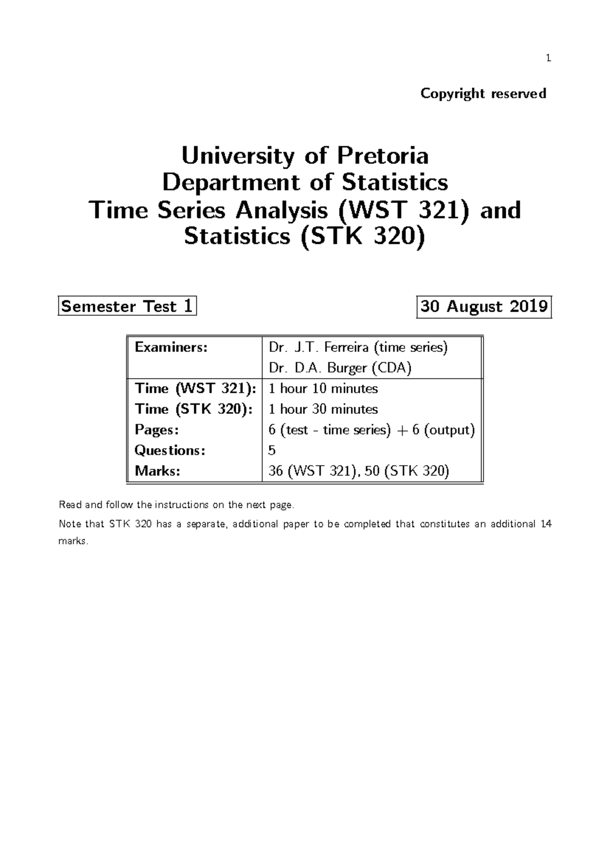WST 321 & STK 320 Semester Test 1 - 30 Aug 2019 Exam Memo - Studocu