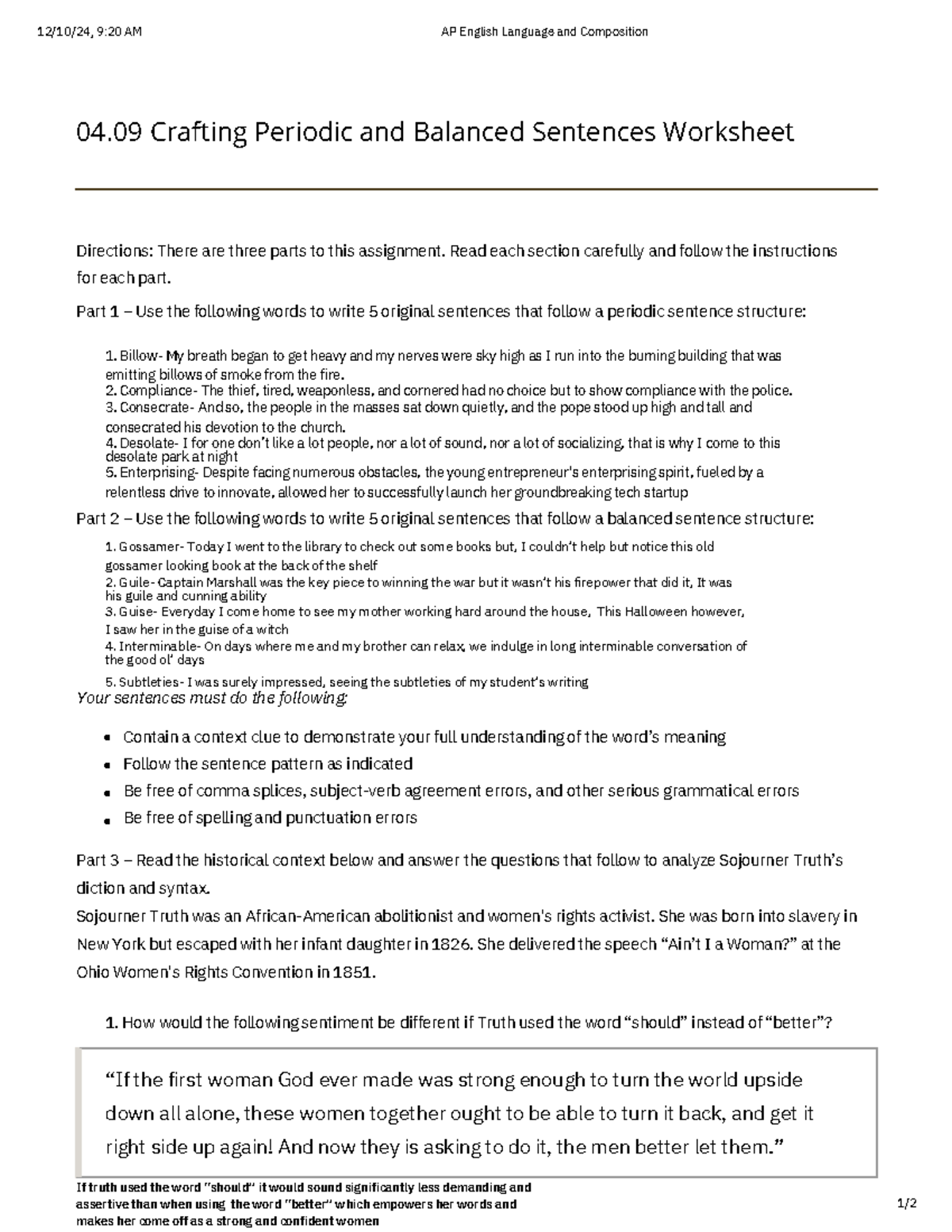 Crafting periodic and balanced sentences - Read each section carefully ...