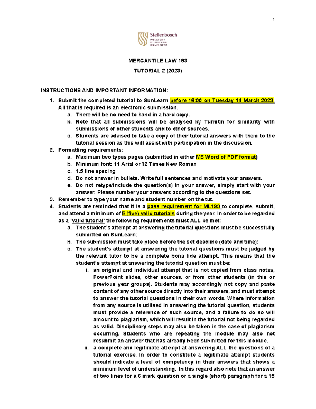 ML193 (2023) - Tut 2 (Eng) Final memo - MERCANTILE LAW 193 TUTORIAL 2 ...