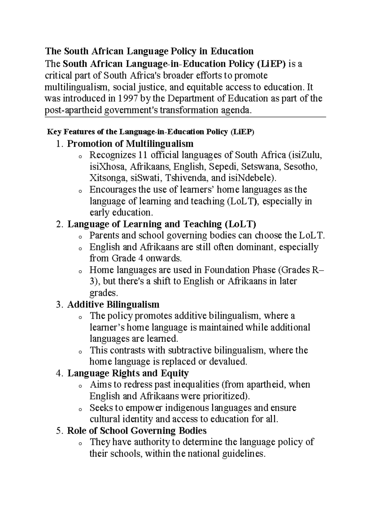 The South African Language Policy in Education (LiEP): Implementation ...