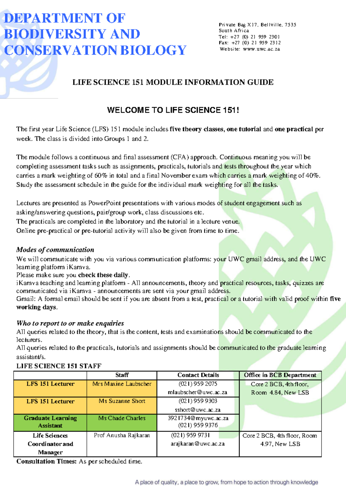 LFS 151: Life Science Module Information Guide for 2024 - Studocu