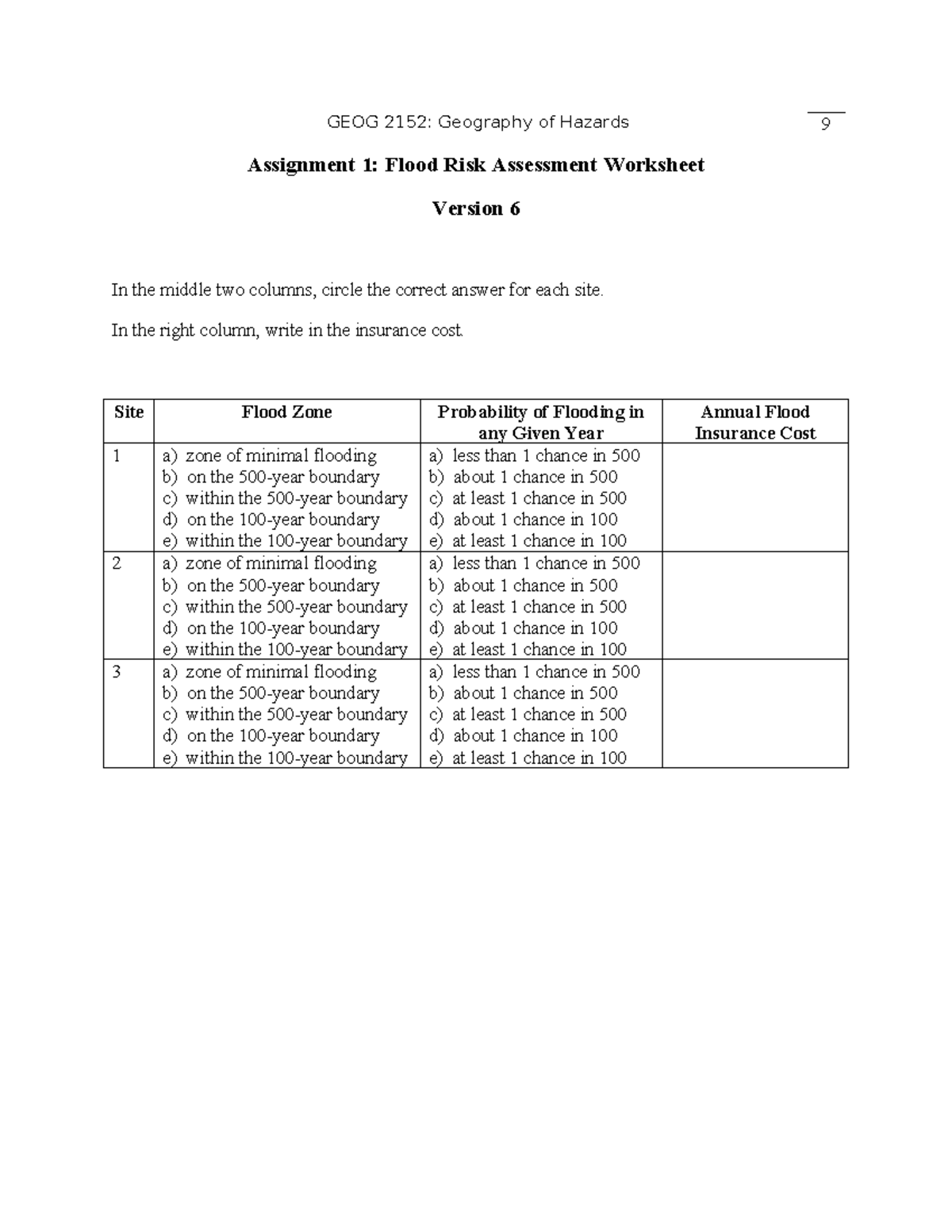 GEOG 2152: Assignment 1 Flood Risk Assessment Worksheet v6 - Studocu