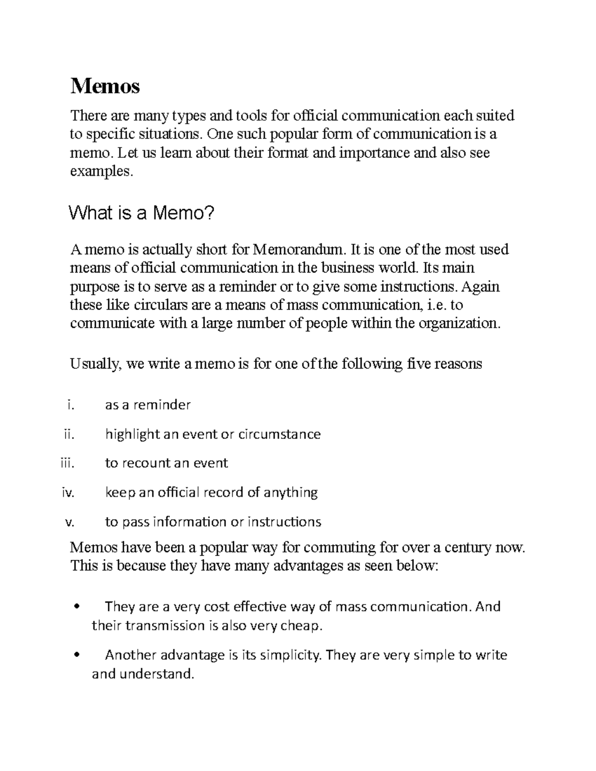 BUS 101 - Lecture Notes on Memos: Importance and Format - Studocu