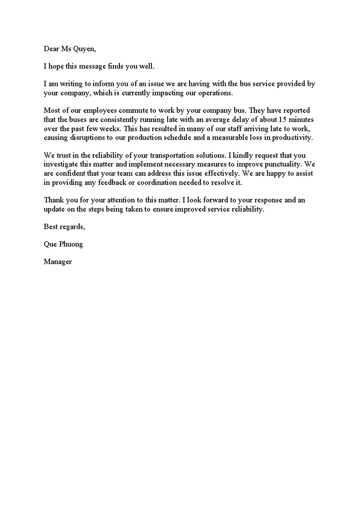Formal Email Regarding Bus Service Issue - 123 - Studocu