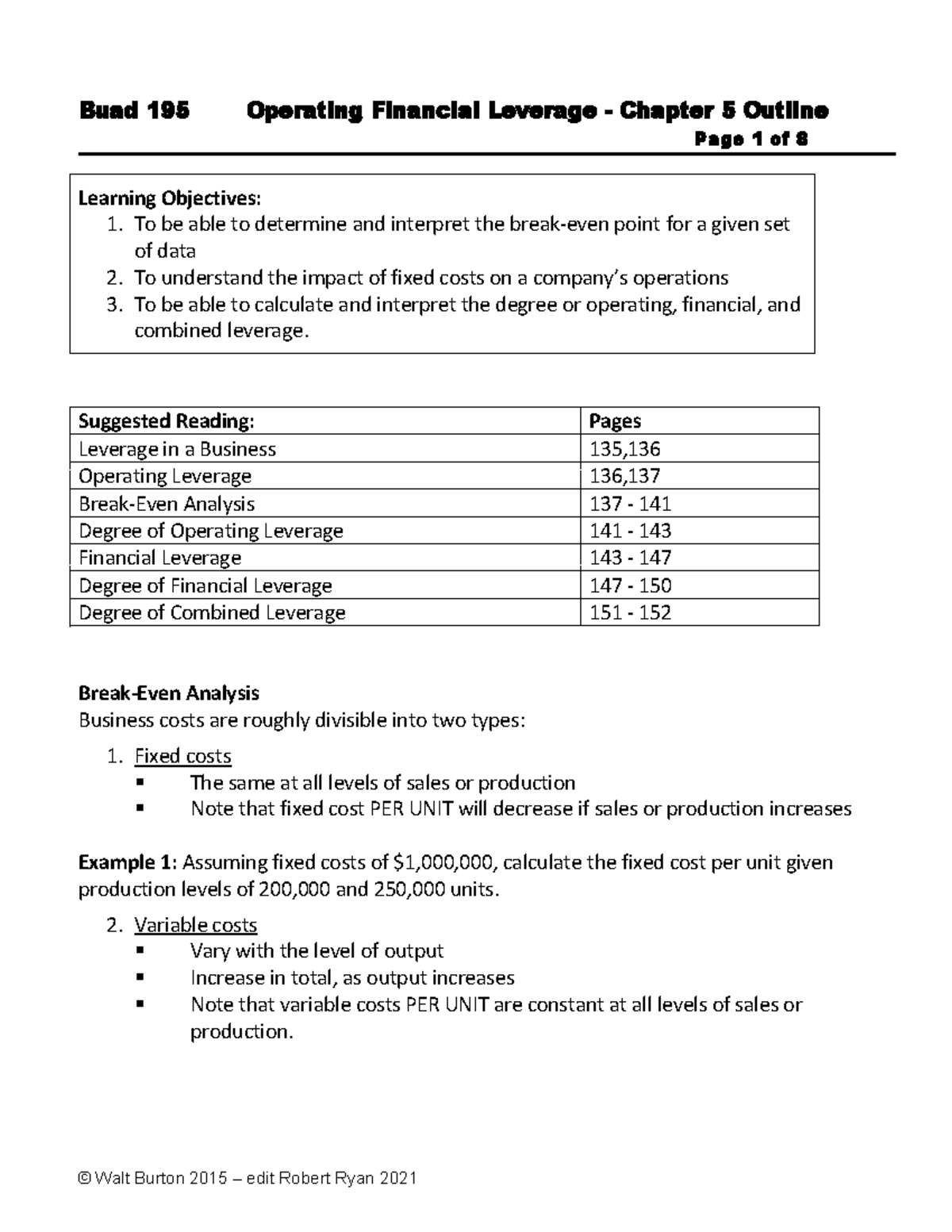 Buad 195 Operating Financial Leverage Chapter 5 Lesson Notes - Studocu