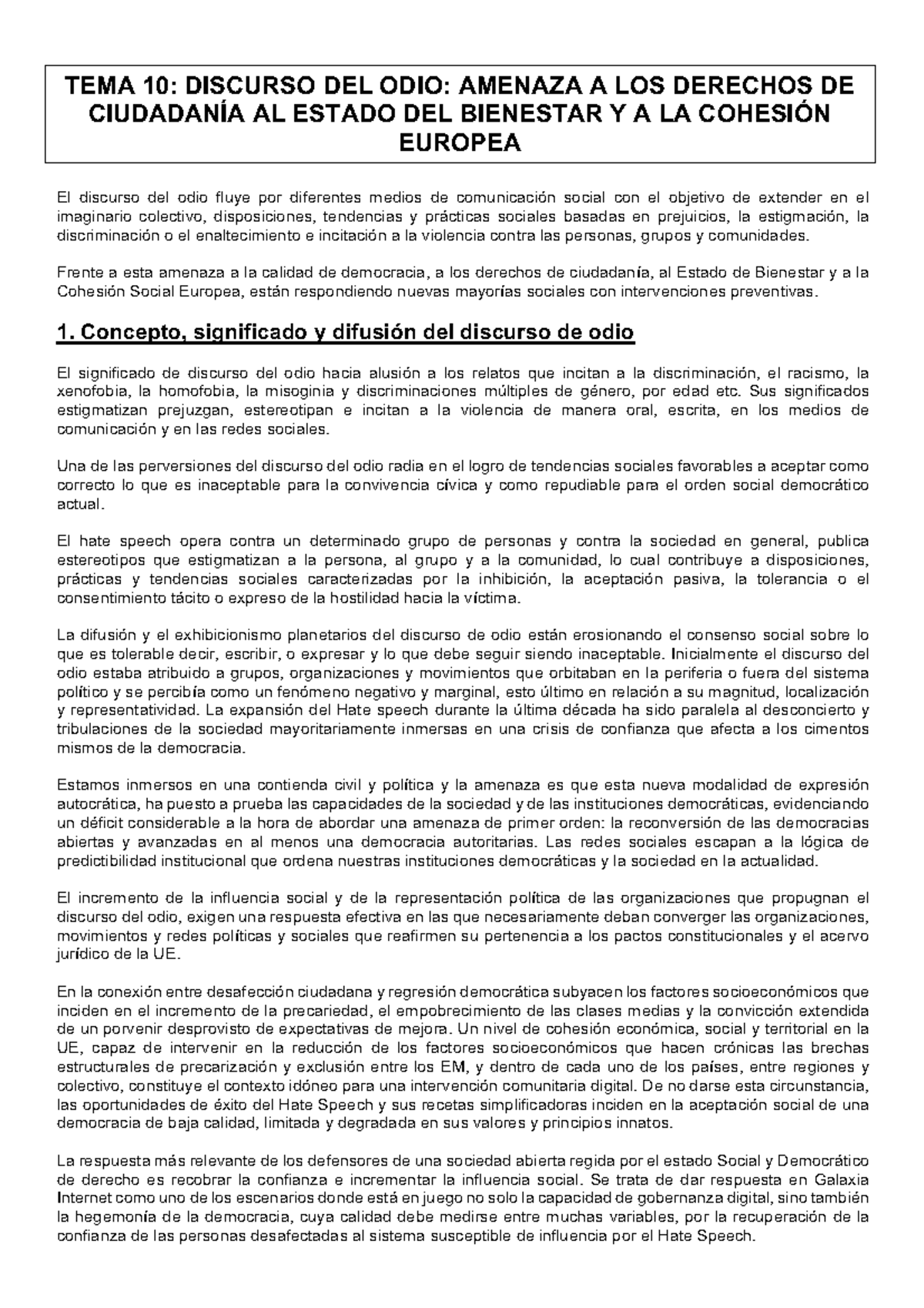TEMA 10: Discurso del Odio y su Impacto en la Democracia Europea - Studocu