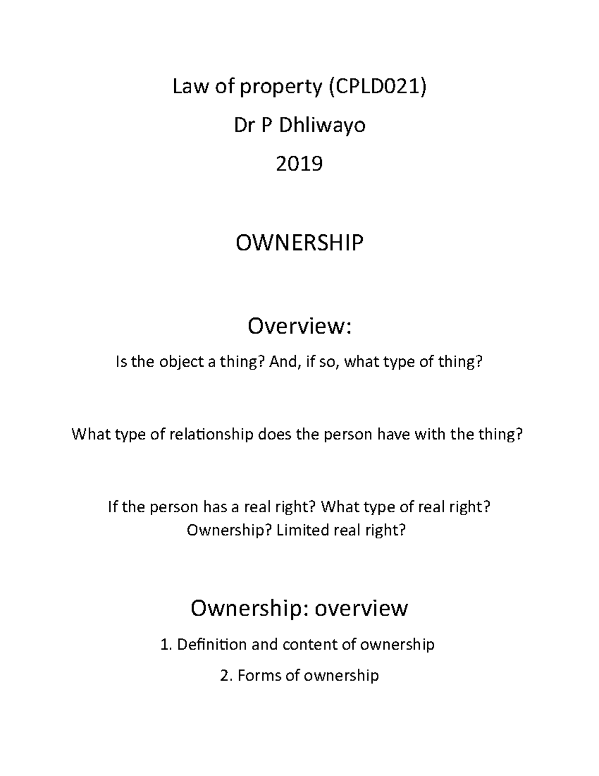 CPLD021 - Law of Property Ownership: Detailed Notes and Overview - Studocu