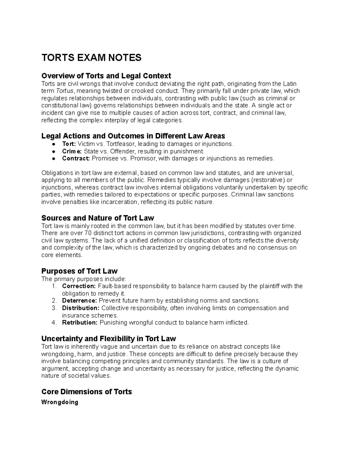 TORTS 101: Comprehensive Exam Notes on Torts and Legal Principles - Studocu