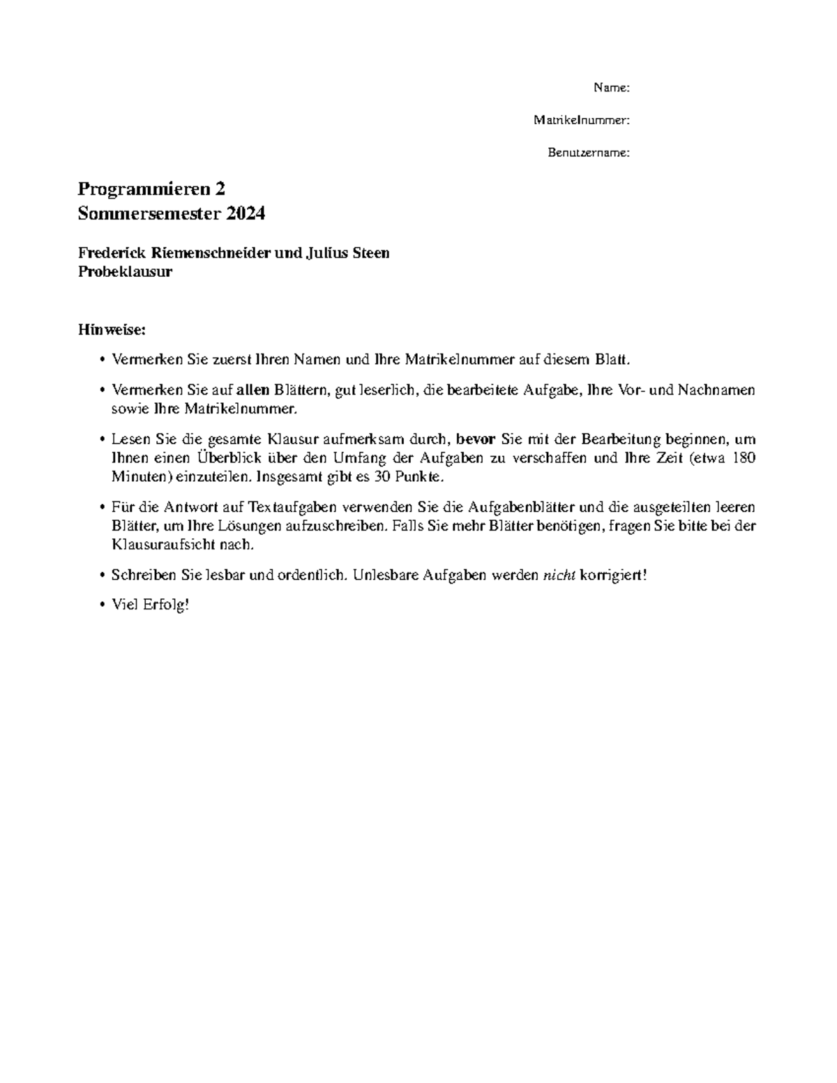Probeklausur Programmieren 2 SS 2024: Hinweise und Aufgaben - Studocu