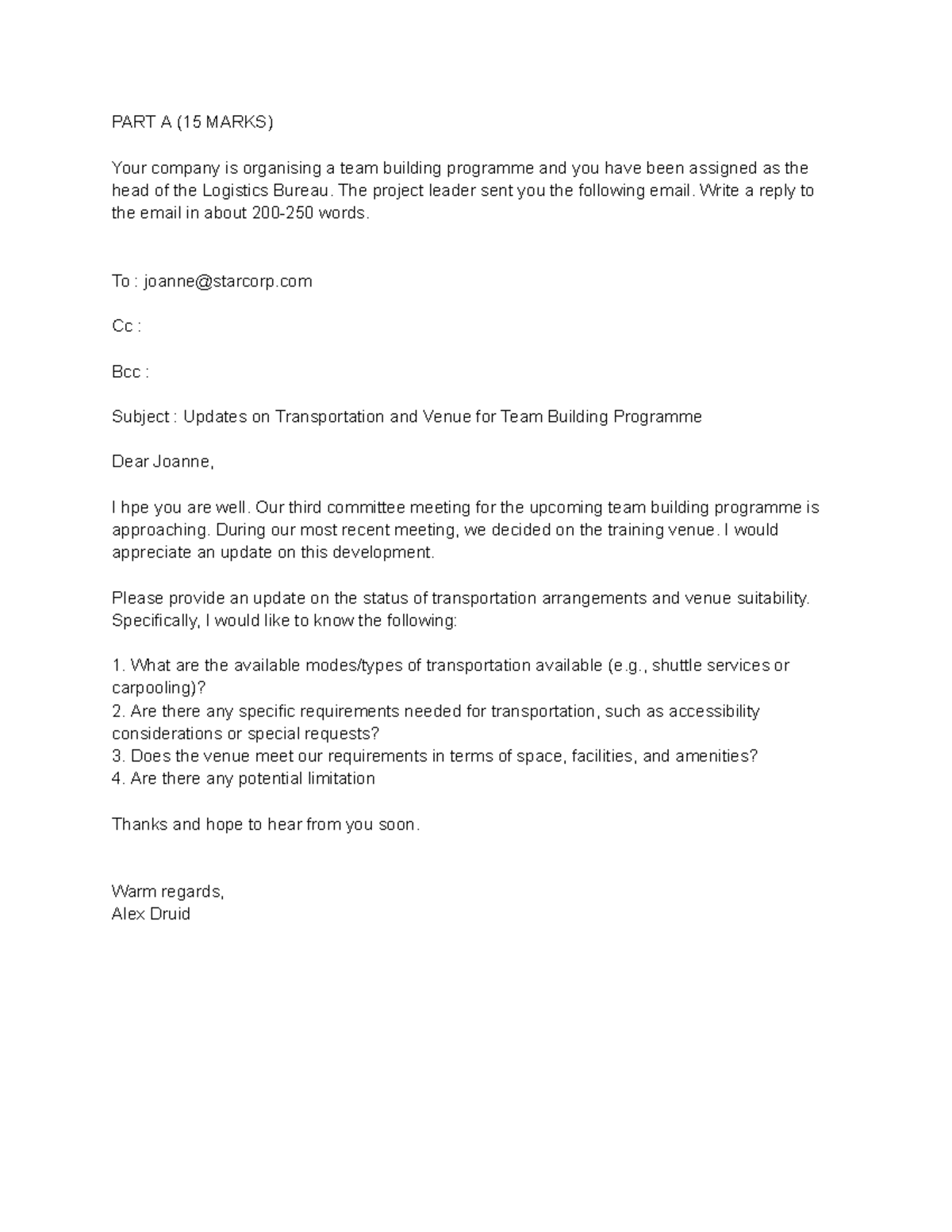 Email Practice - PART A ( 15 MARKS) Your company is organising a team ...