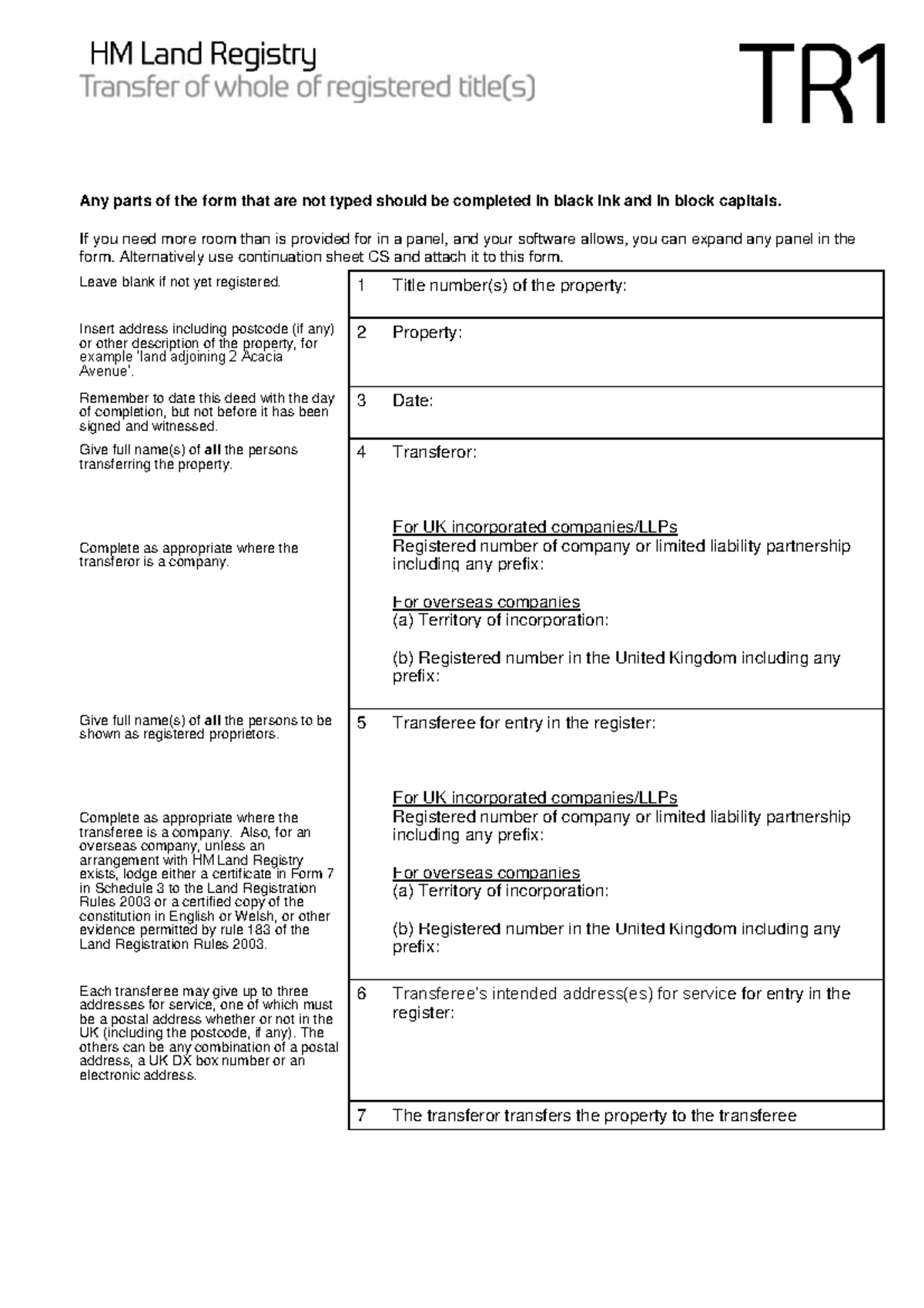 Blank TR1 Form Instructions for Property Transfer Completion - Studocu