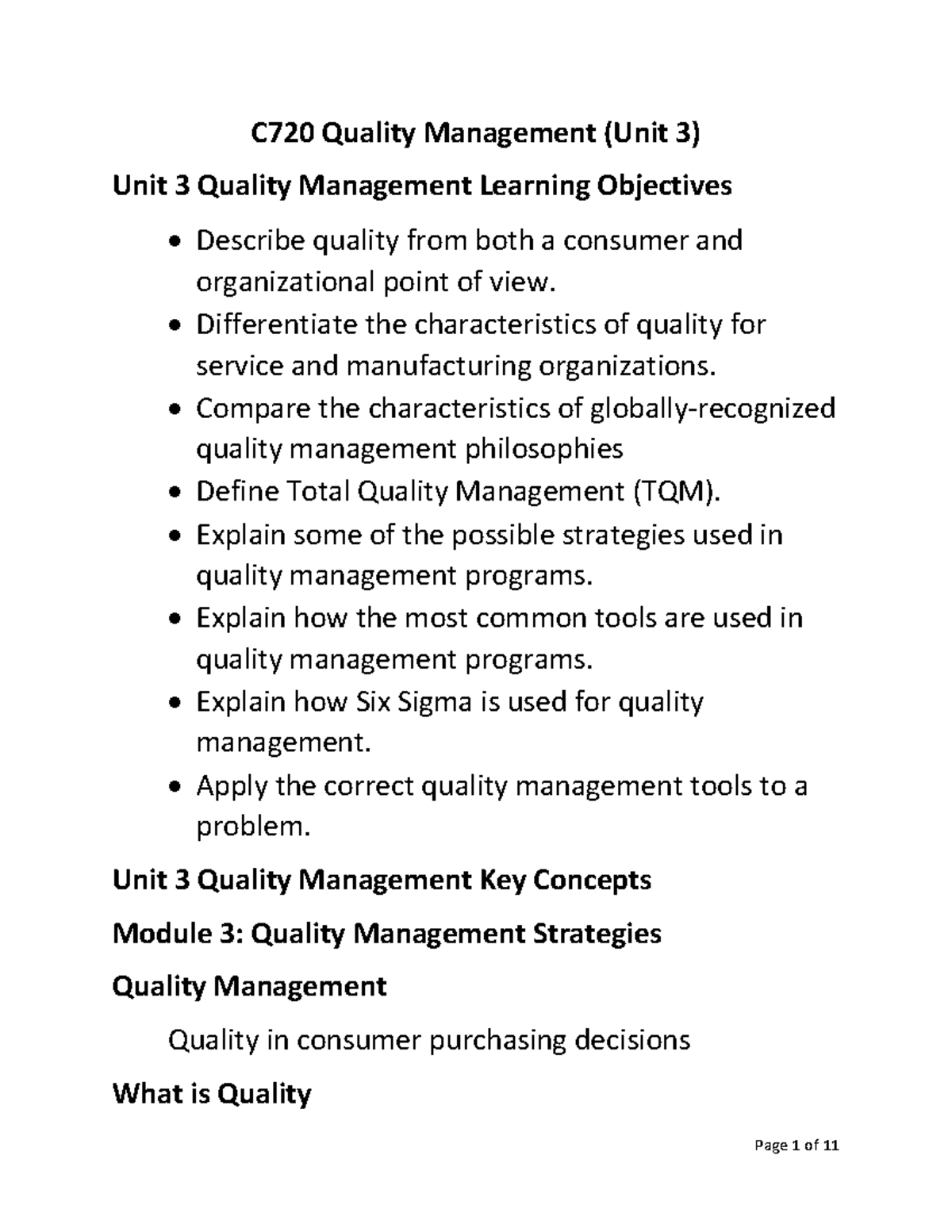 C720 Quality management study guide for unit 3 concepts and strategies ...