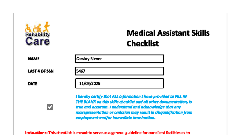Rehability Medical Assistant Skills Checklist - Cassidy Biener - Studocu