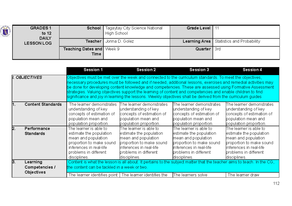 WEEK 9 Lesson Plan for Grade 11 Statistics & Probability - Studocu