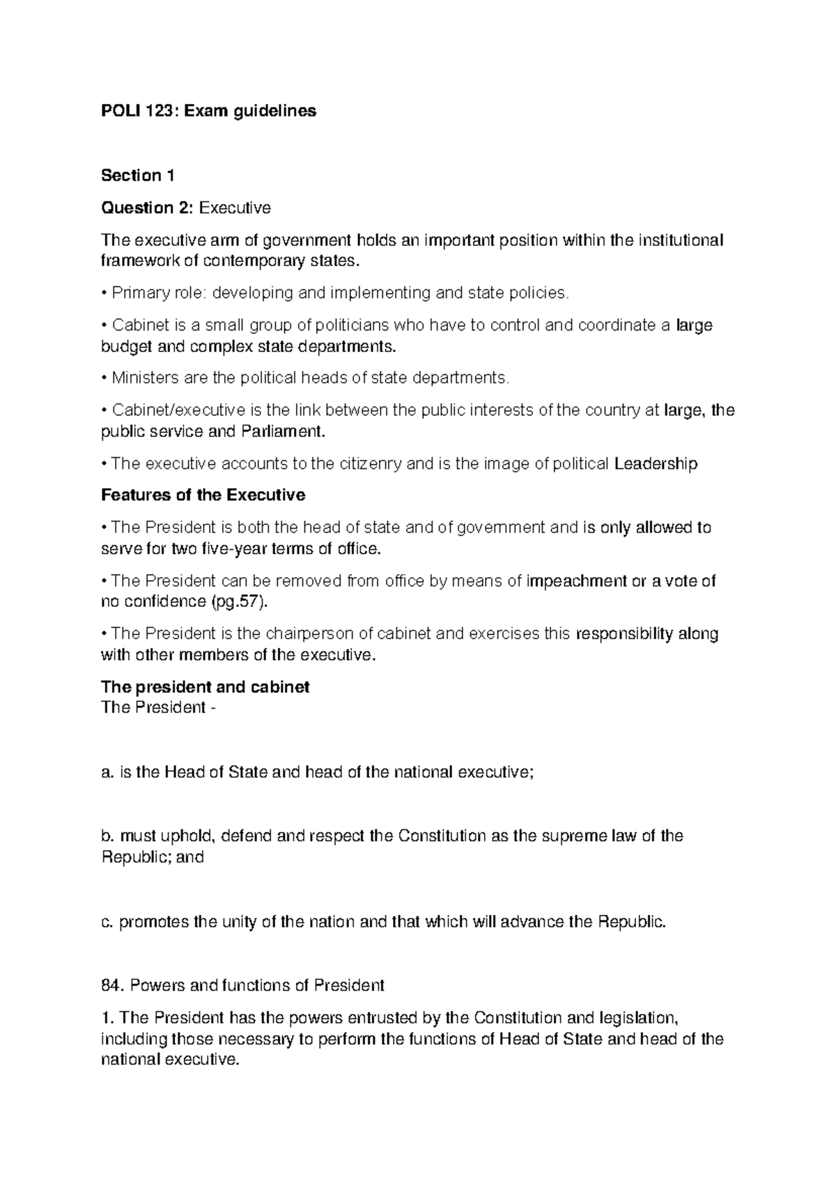 POLI 123 November 2024 Exam Notes: The Executive and Political Parties ...