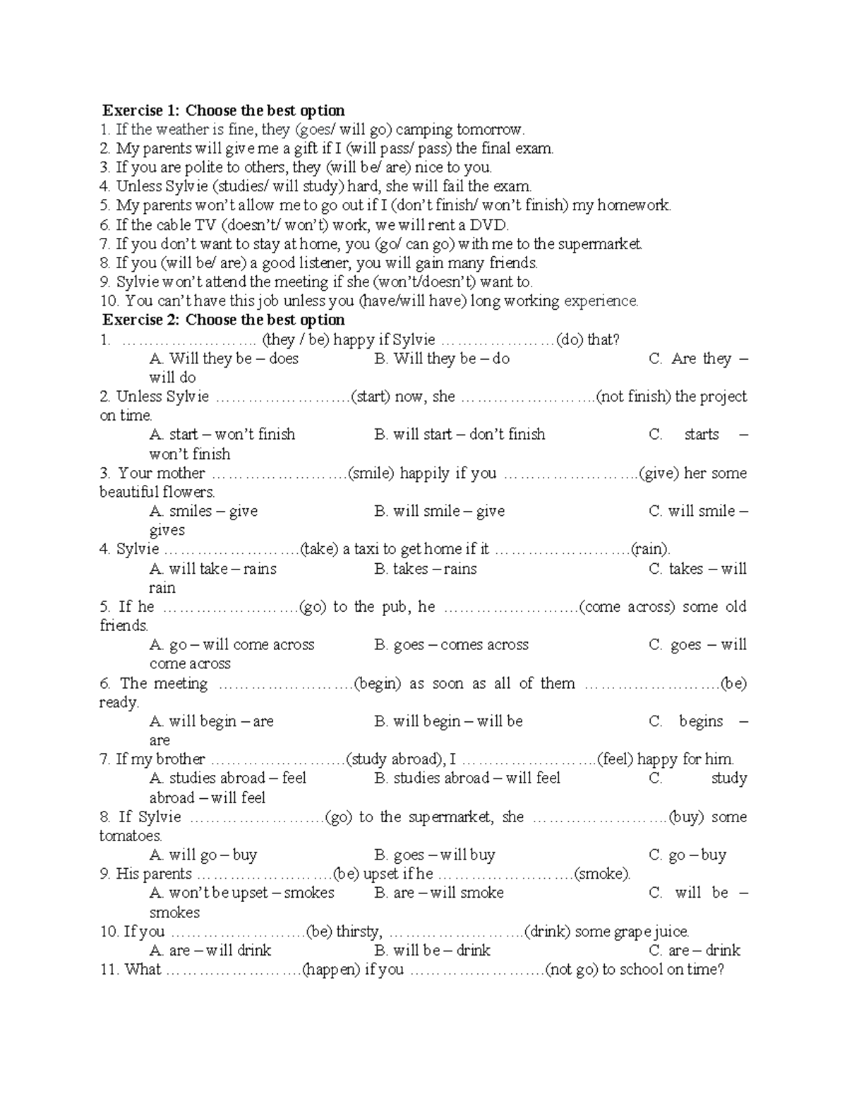 Exercise 1 - Conditional Sentences Practice - Studocu