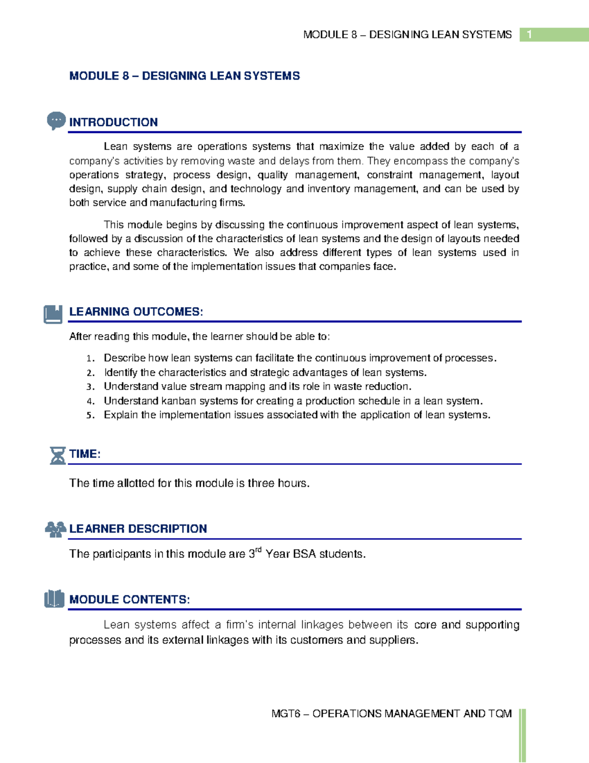 Module 8: Designing Lean Systems - Lecture Notes for BSA Students - Studocu