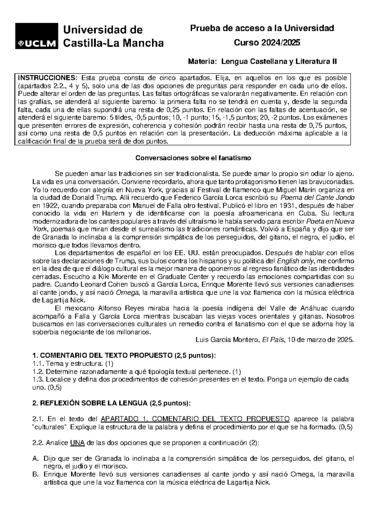 Prueba de Acceso a la Universidad: Lengua Castellana y Literatura II ...