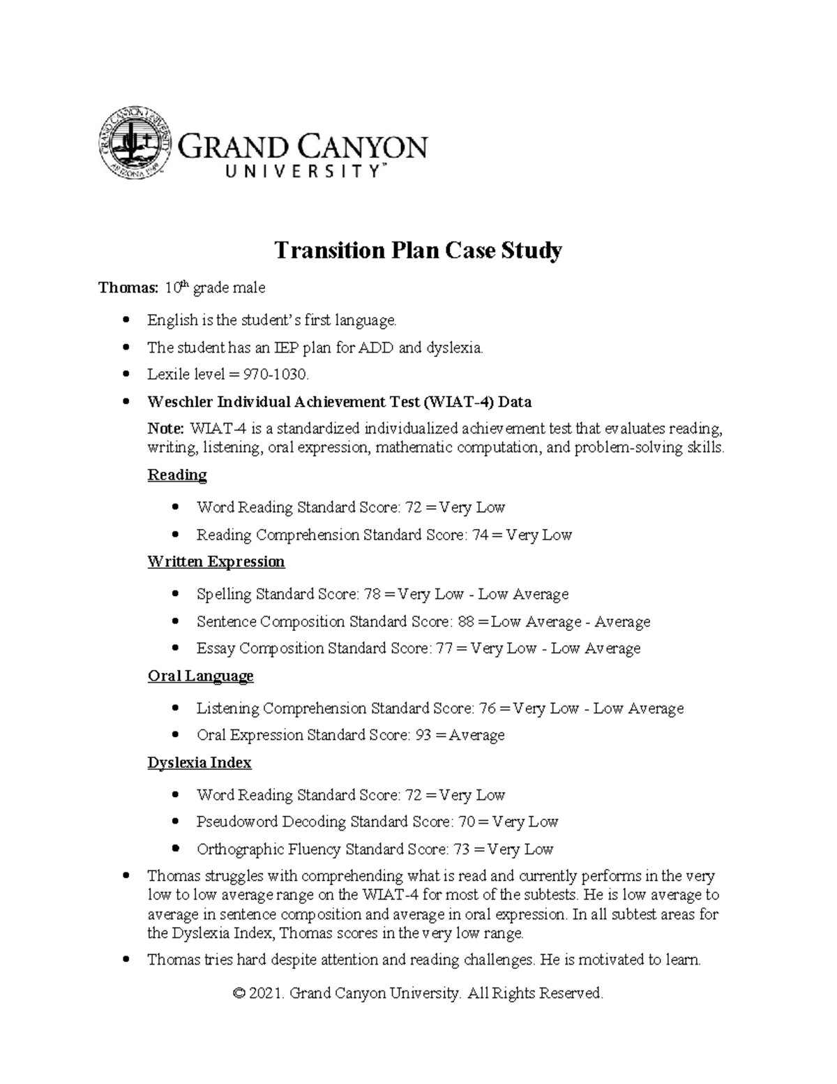SPD-581 RS T6 Transition Plan Case Study for Thomas: IEP Insights - Studocu