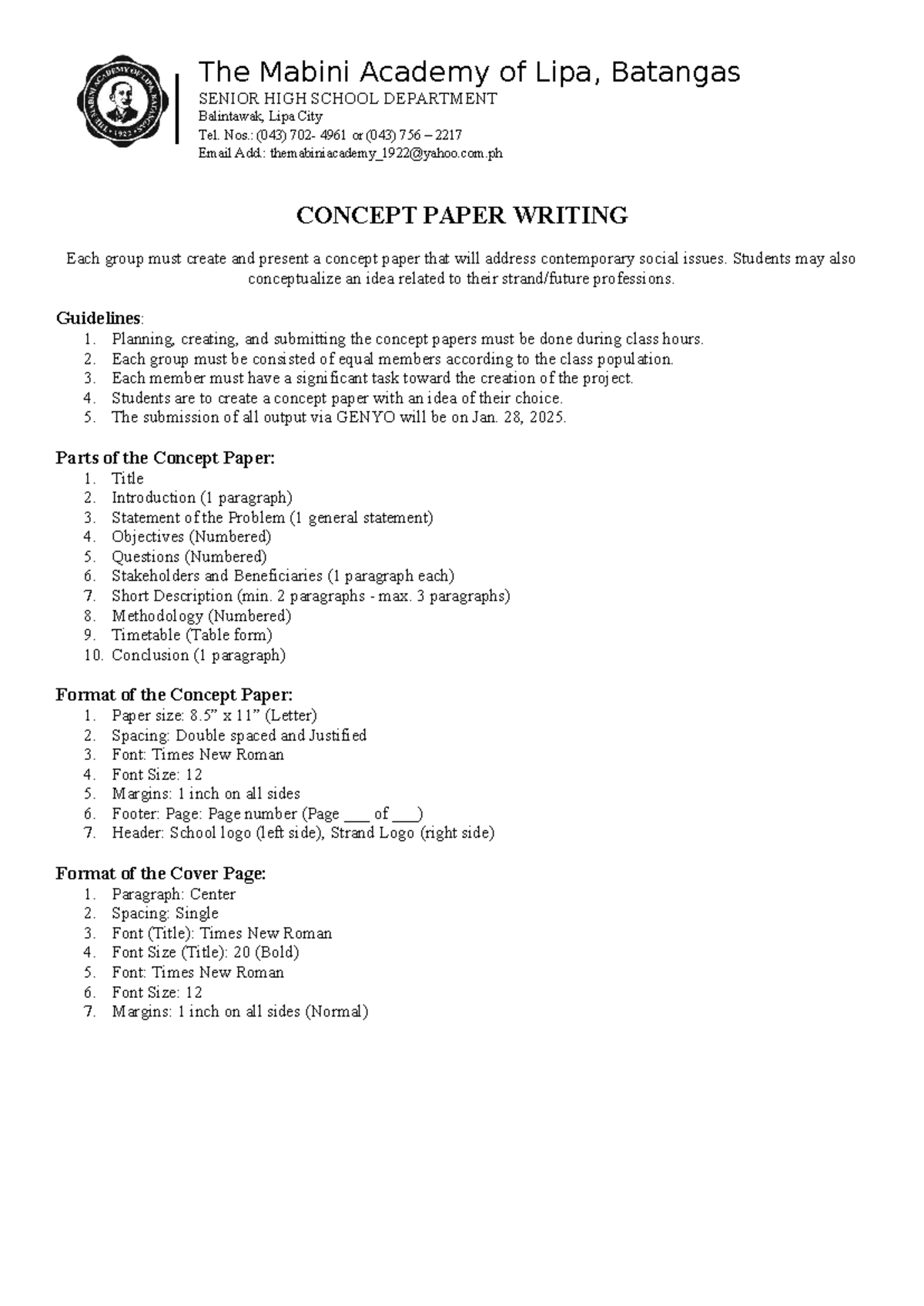 Midterm PT Guidelines: Concept Paper Writing for SHS - Studocu