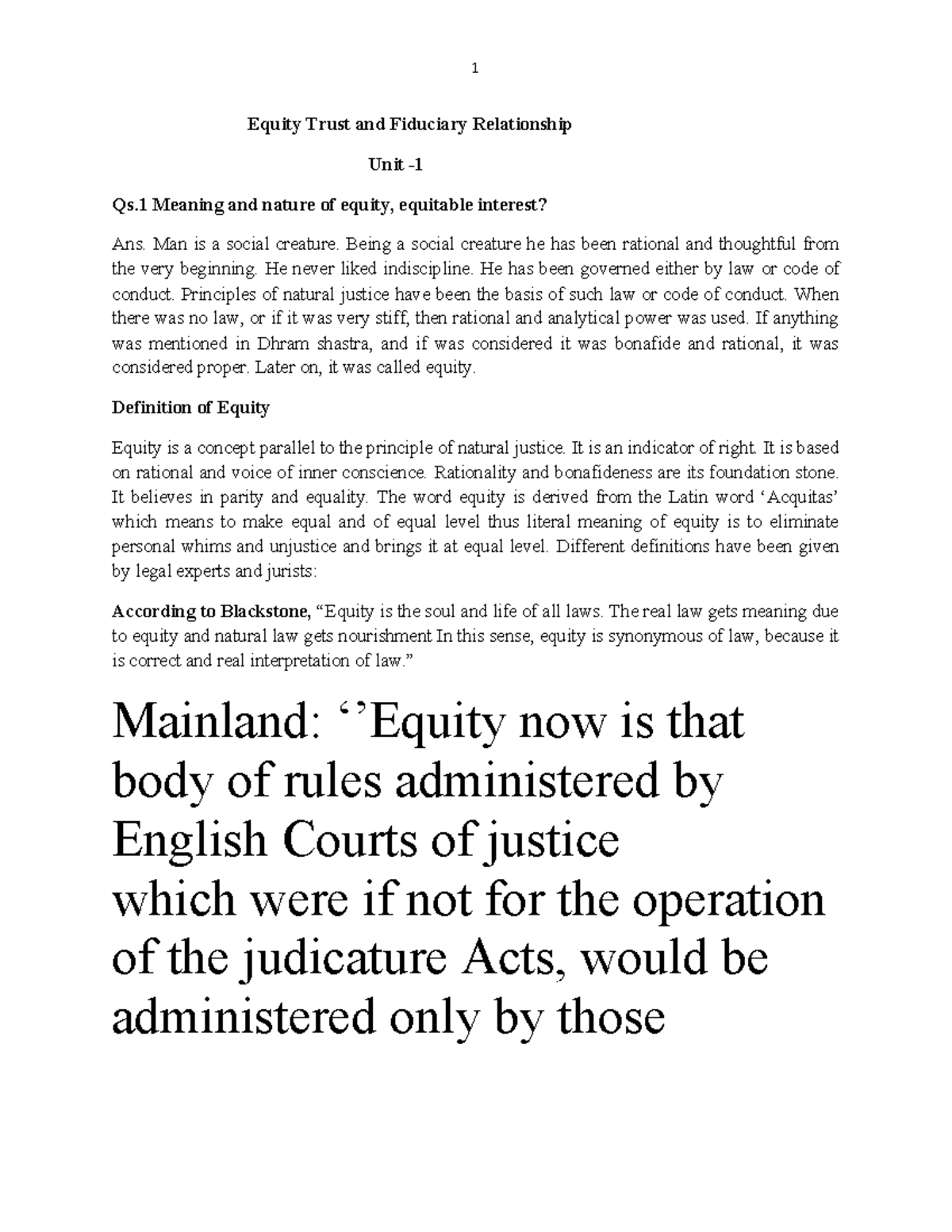 Law of Trust, Equity and Fiduciary Relations - Unit 1 Overview - Studocu