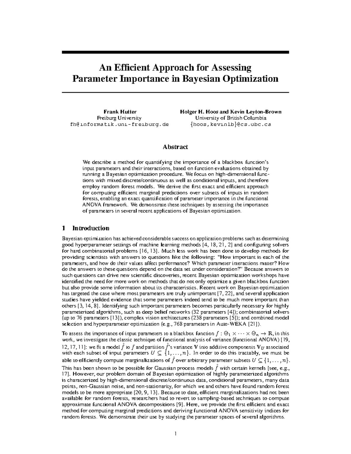 Efficient Method for Parameter Importance in Bayesian Opt. (CS 123 ...