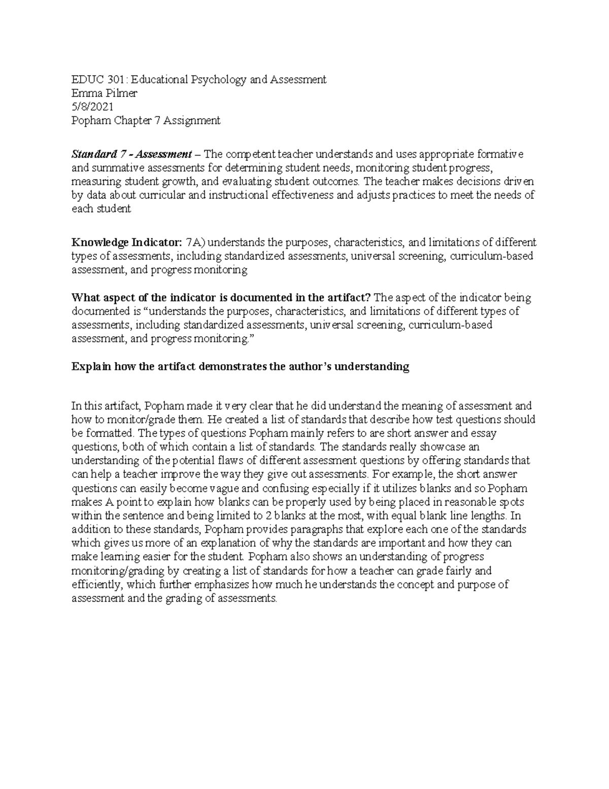 EDUC 301: Chapter 7 Assignment on Assessment Standards and Practices ...