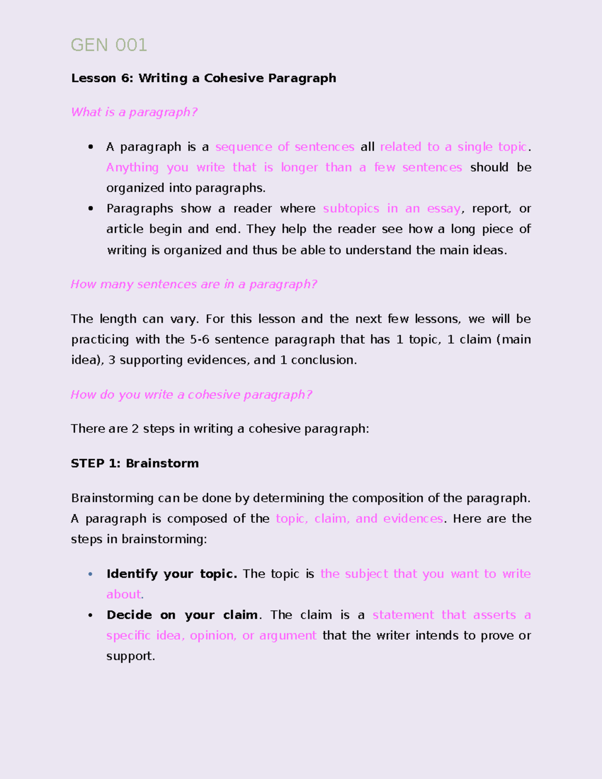 GEN 001 P2 - Lesson 6: Crafting a Cohesive Paragraph - Studocu