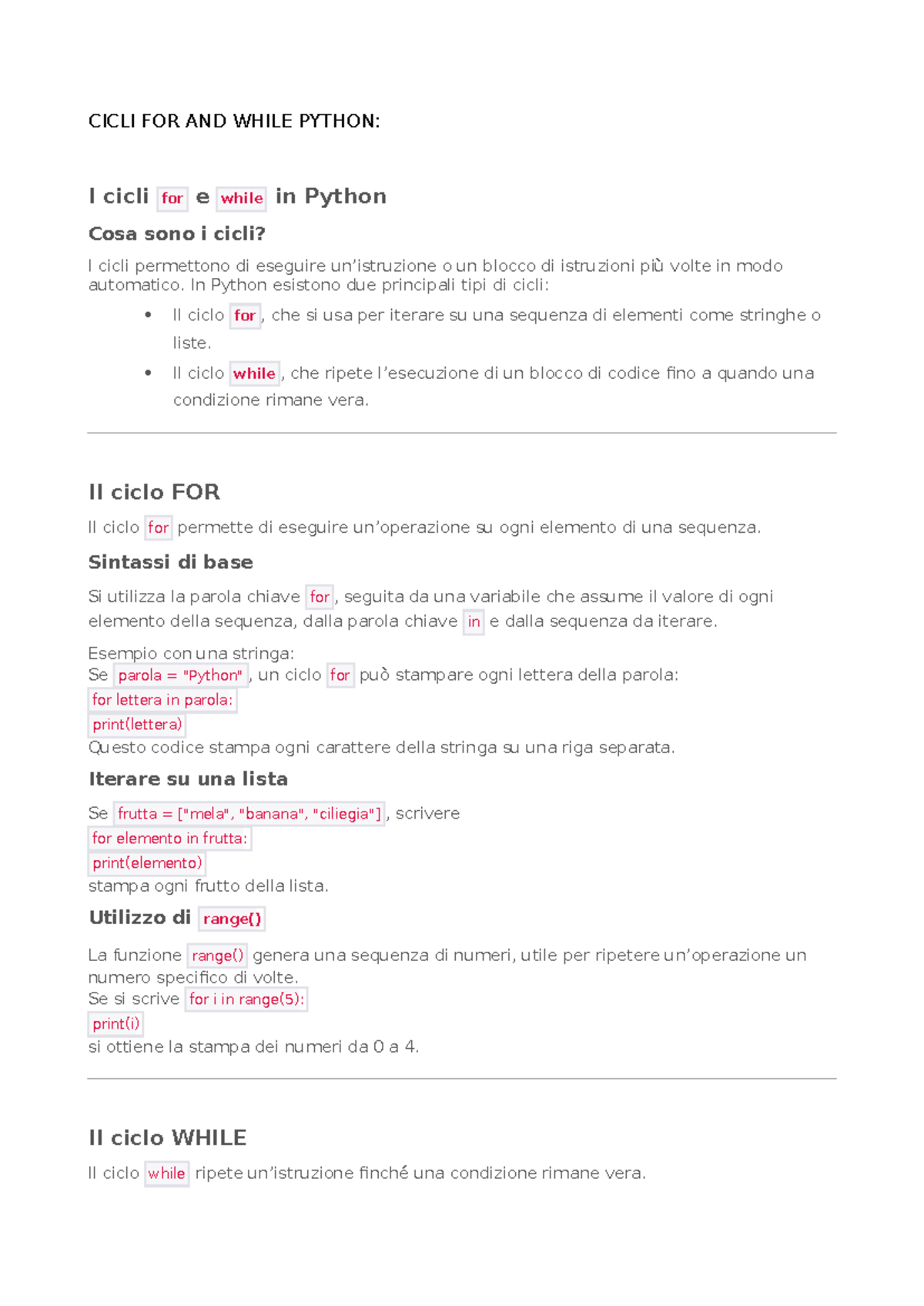 CICLI FOR E WHILE IN PYTHON: Guida Completa e Esempi Pratici - Studocu