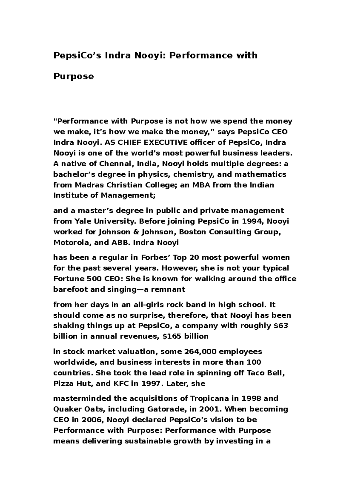 M2 Case Study: Indra Nooyi's 'Performance with Purpose' at PepsiCo ...