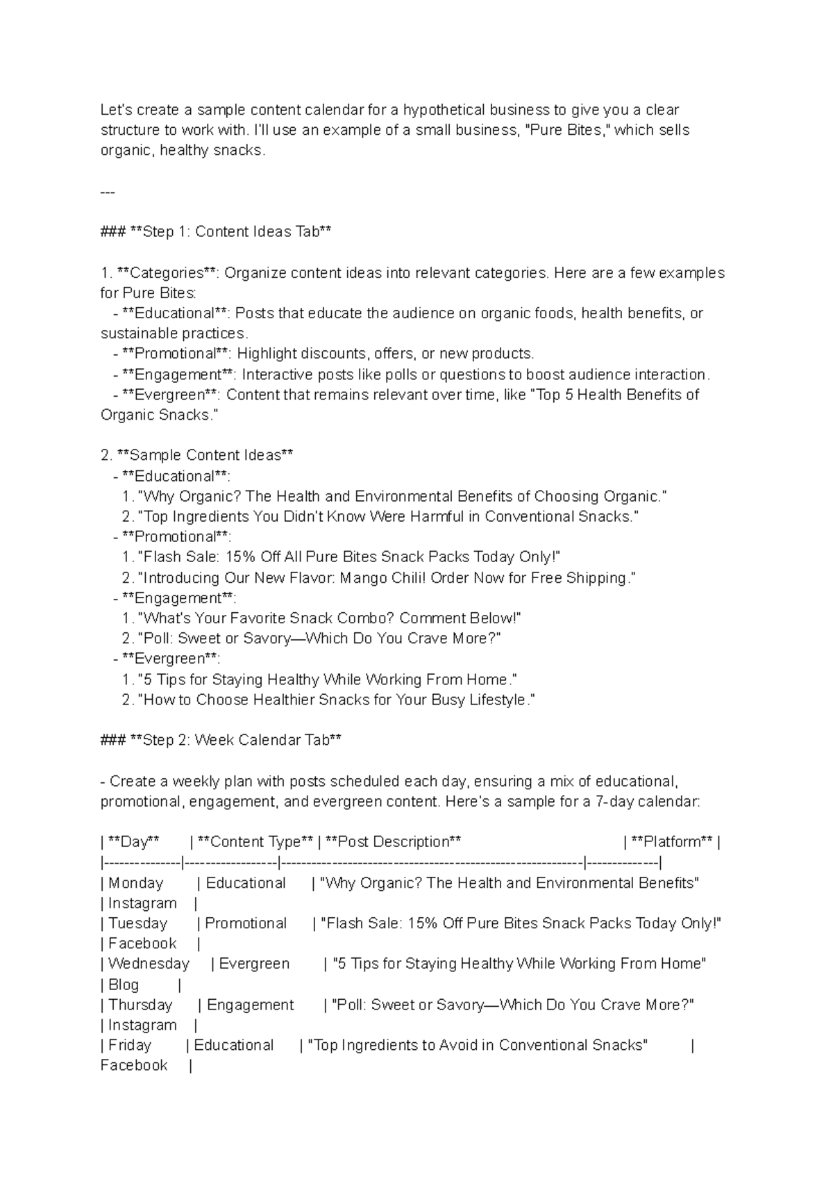 Let’s create a sample content calendar for a hypothetical business to ...